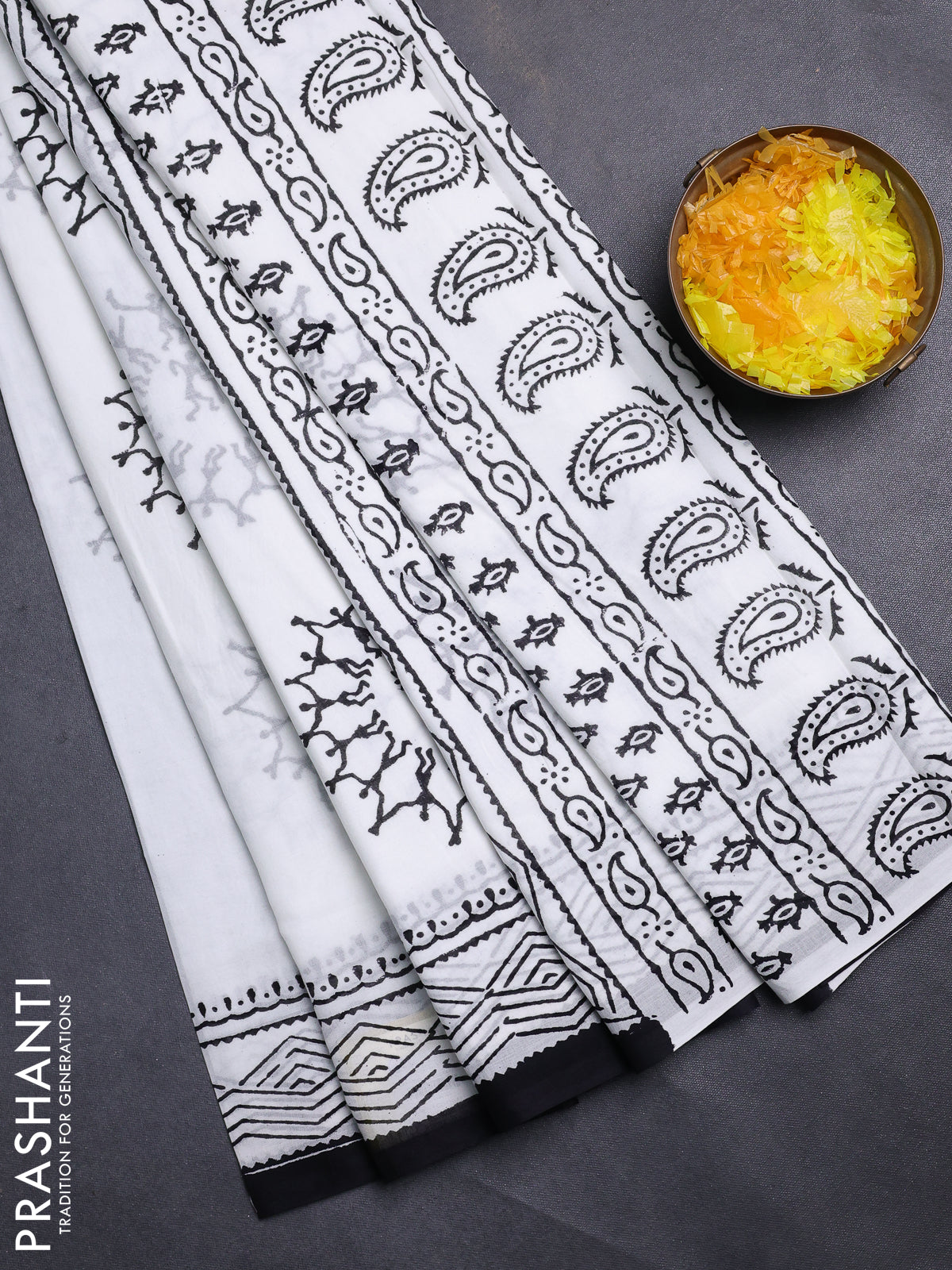 Jaipur cotton saree off white and black with warli butta prints and printed border