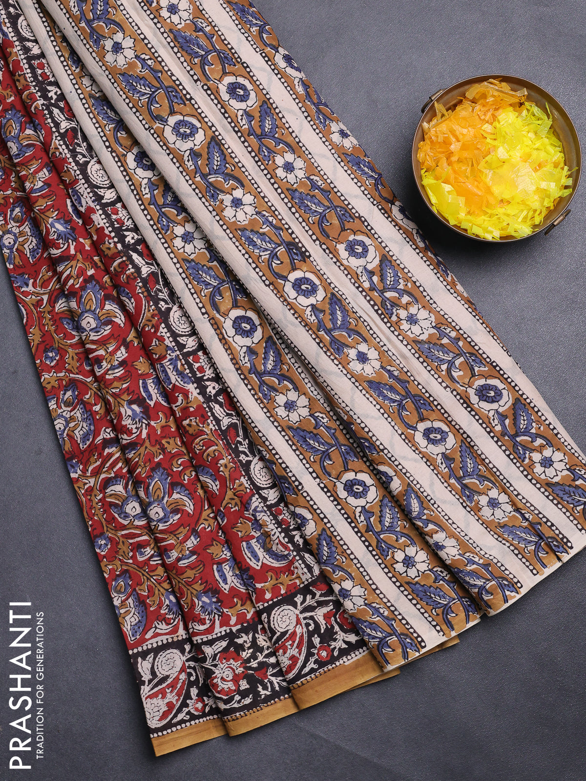 Jaipur cotton saree marron and black with allover kalamkari prints and printed border