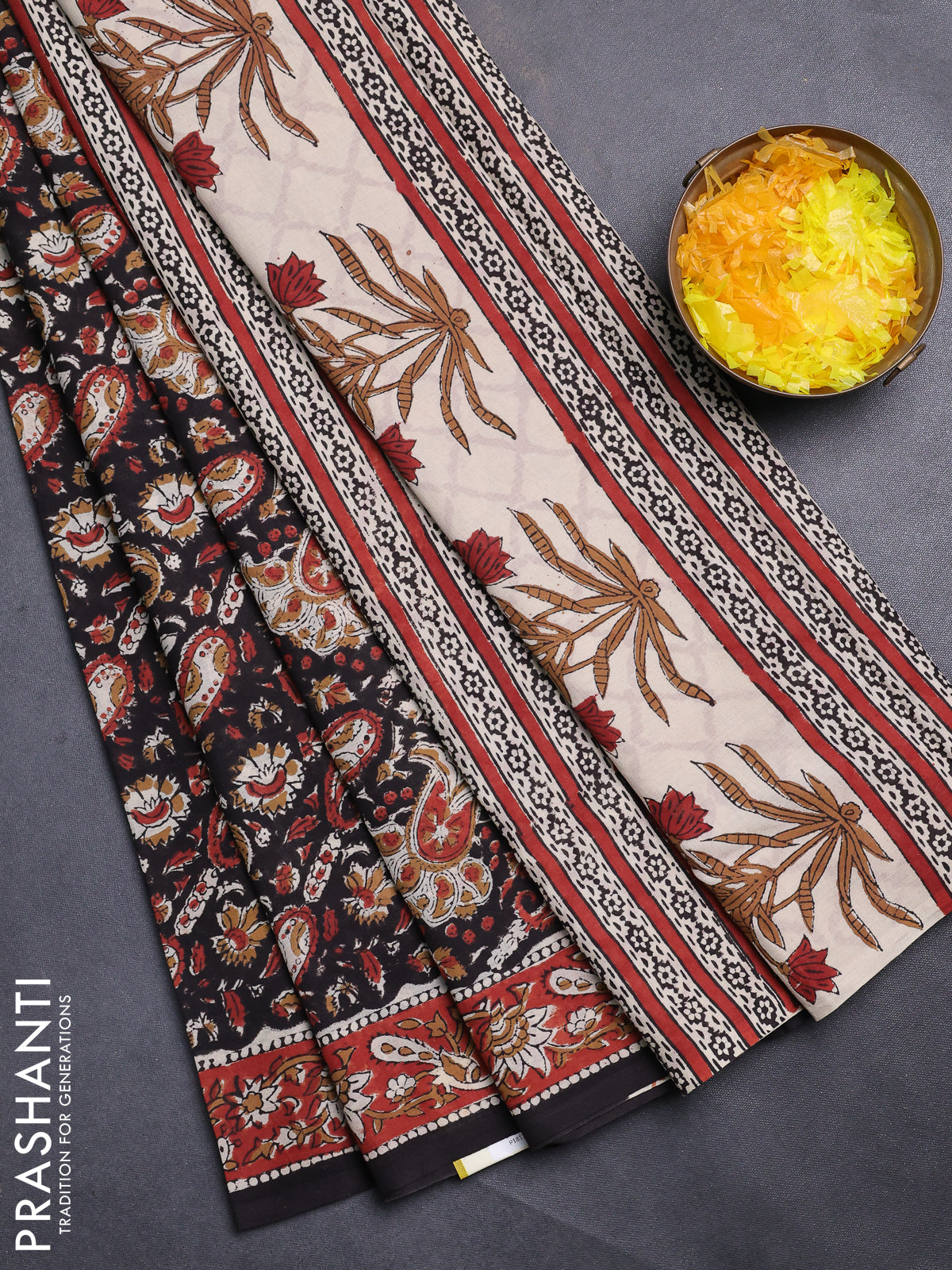 Jaipur cotton saree black and marron with allover kalamkari prints and printed border