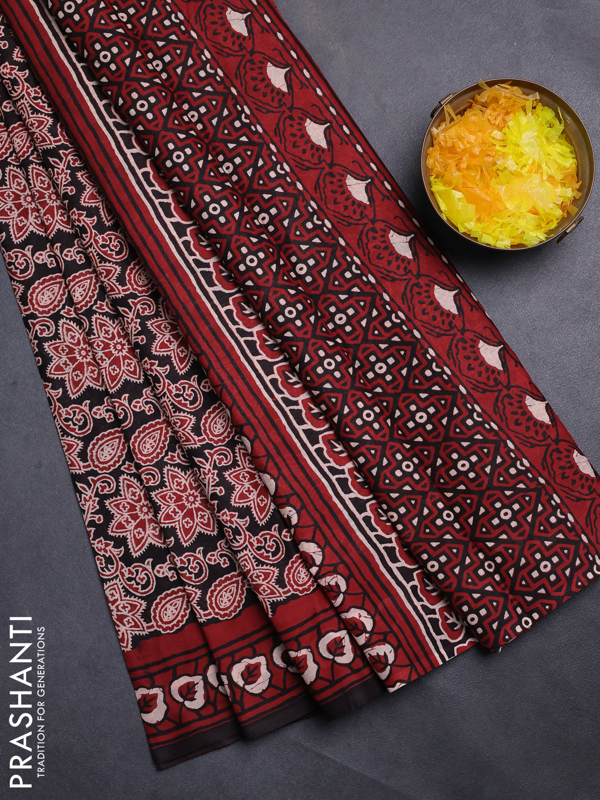 Jaipur cotton saree black and marron with allover kalamkari prints and printed border