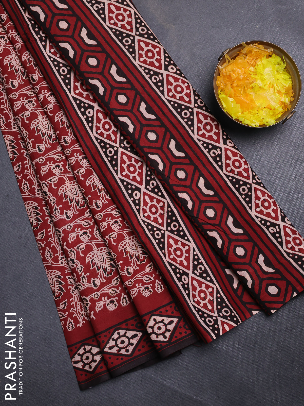 Jaipur cotton saree maroon and black with allover kalamkari prints and printed border