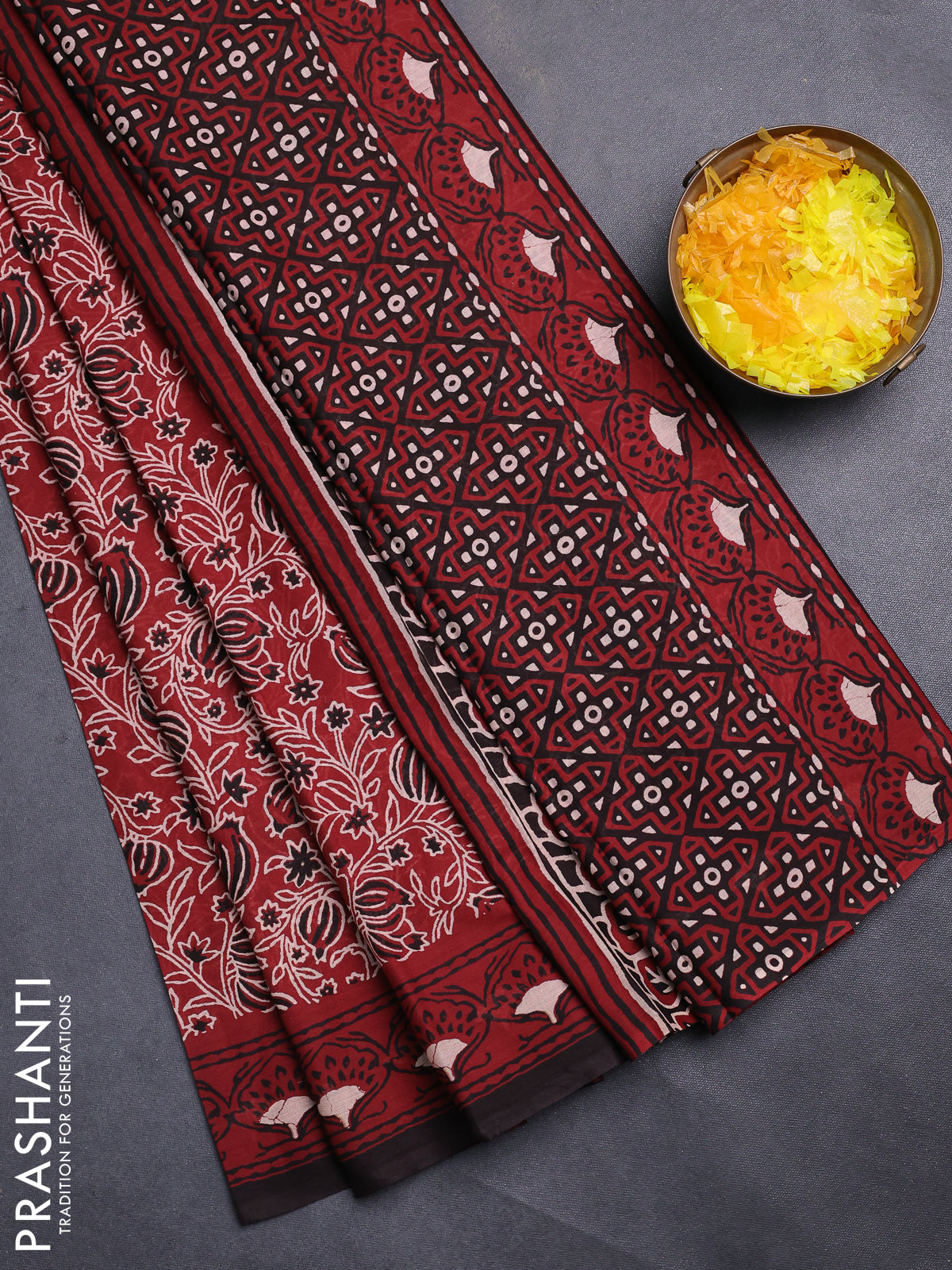 Jaipur cotton saree maroon and black with allover kalamkari prints and printed border