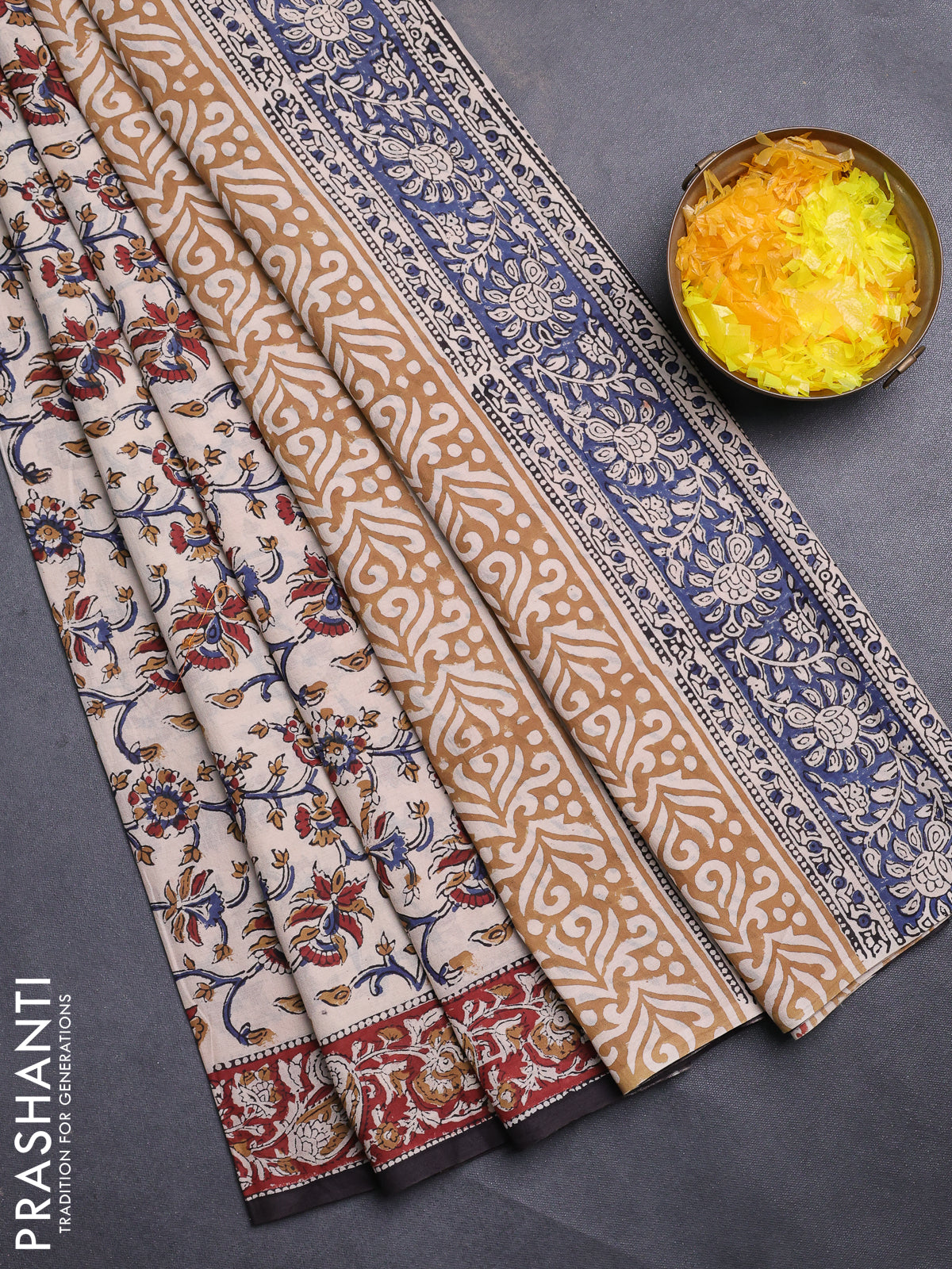 Jaipur cotton saree beige and maroon black with allover kalamkari prints and printed border