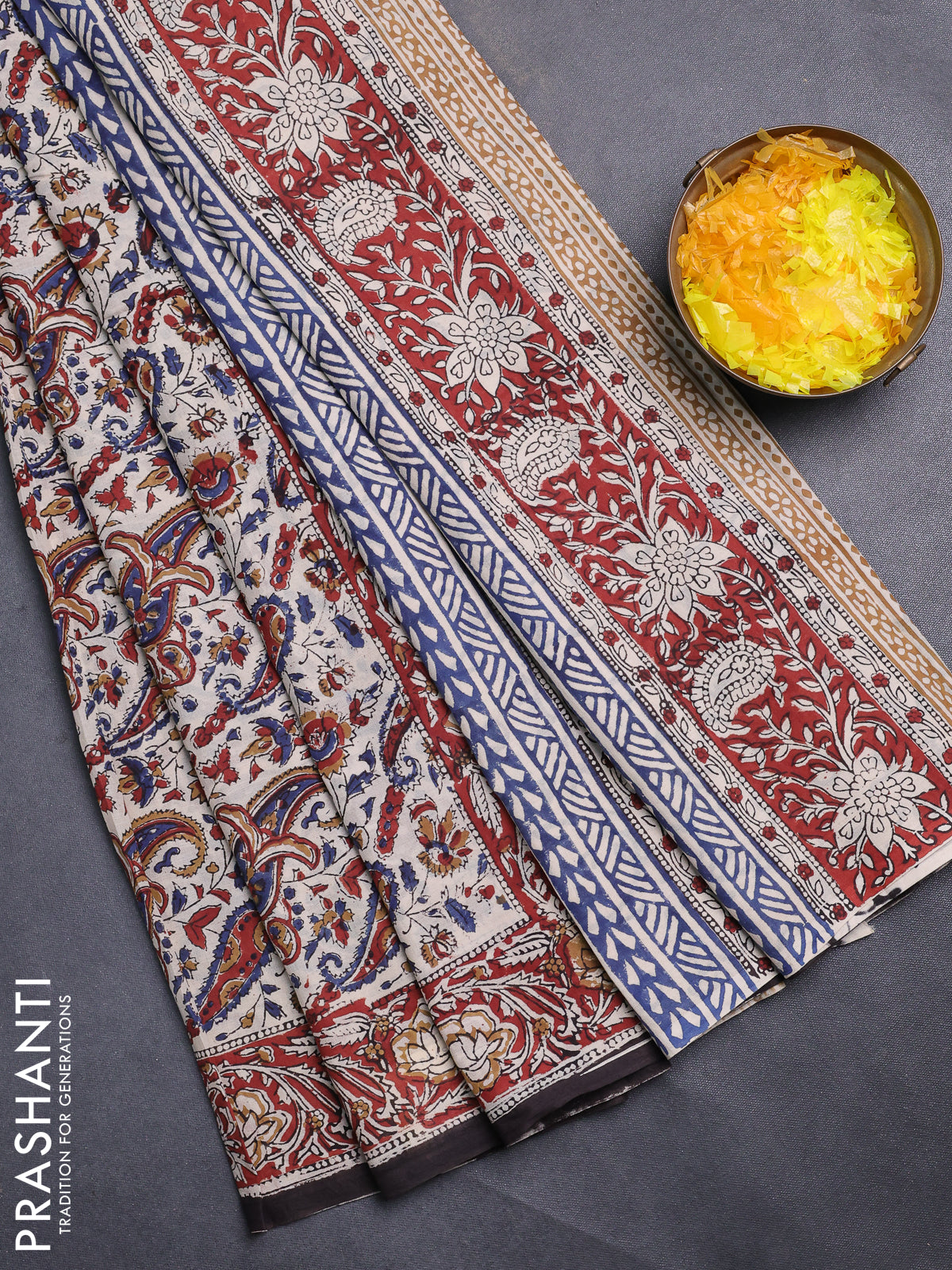 Jaipur cotton saree beige and maroon black with allover kalamkari prints and printed border