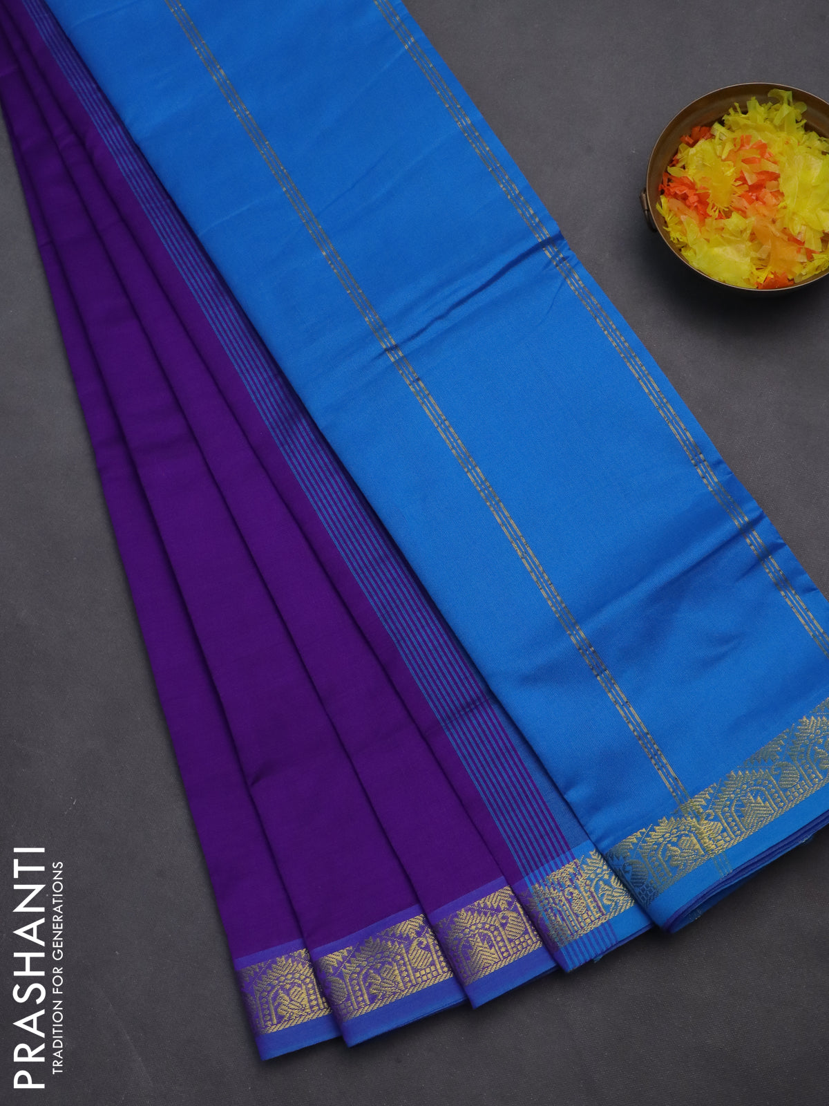 10 yards Poly cotton saree violet and cs blue with plain body and zari woven border