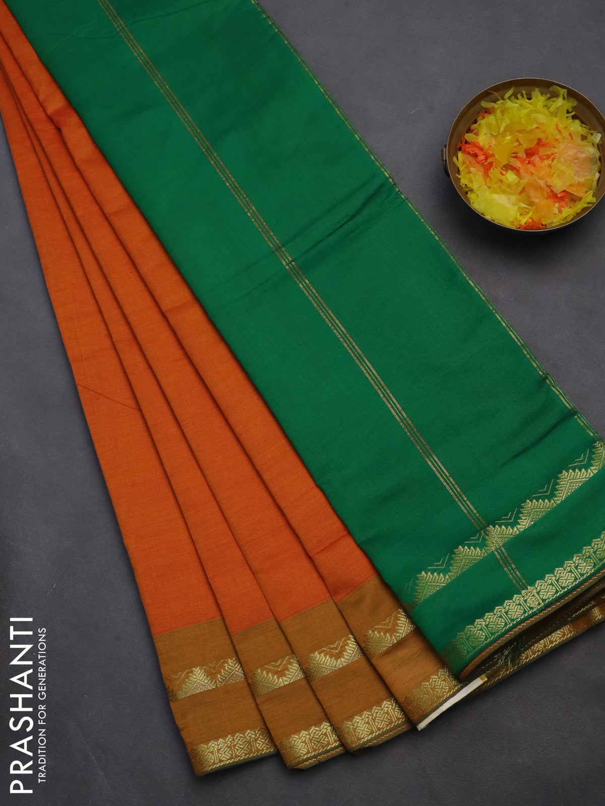 10 yards Poly cotton saree orange and green with plain body and rettapet zari woven border