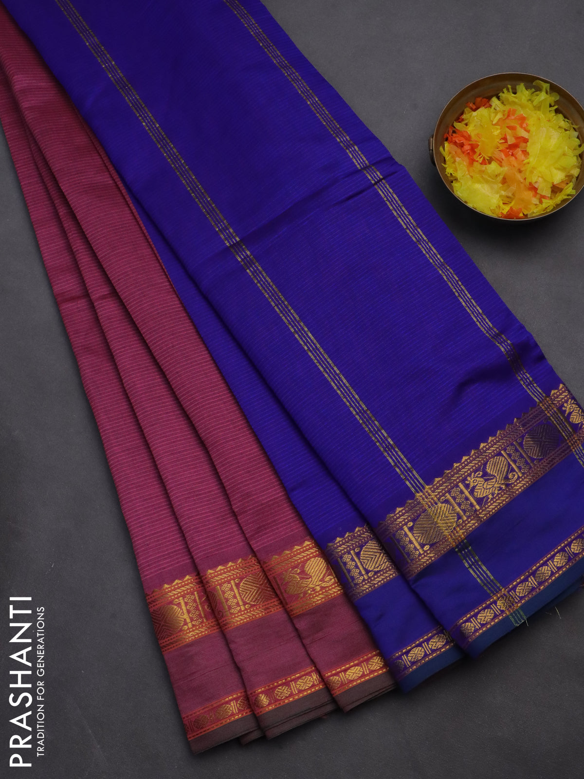 10 yards Poly cotton saree mauve pink and blue with plain body and rettapet zari woven border