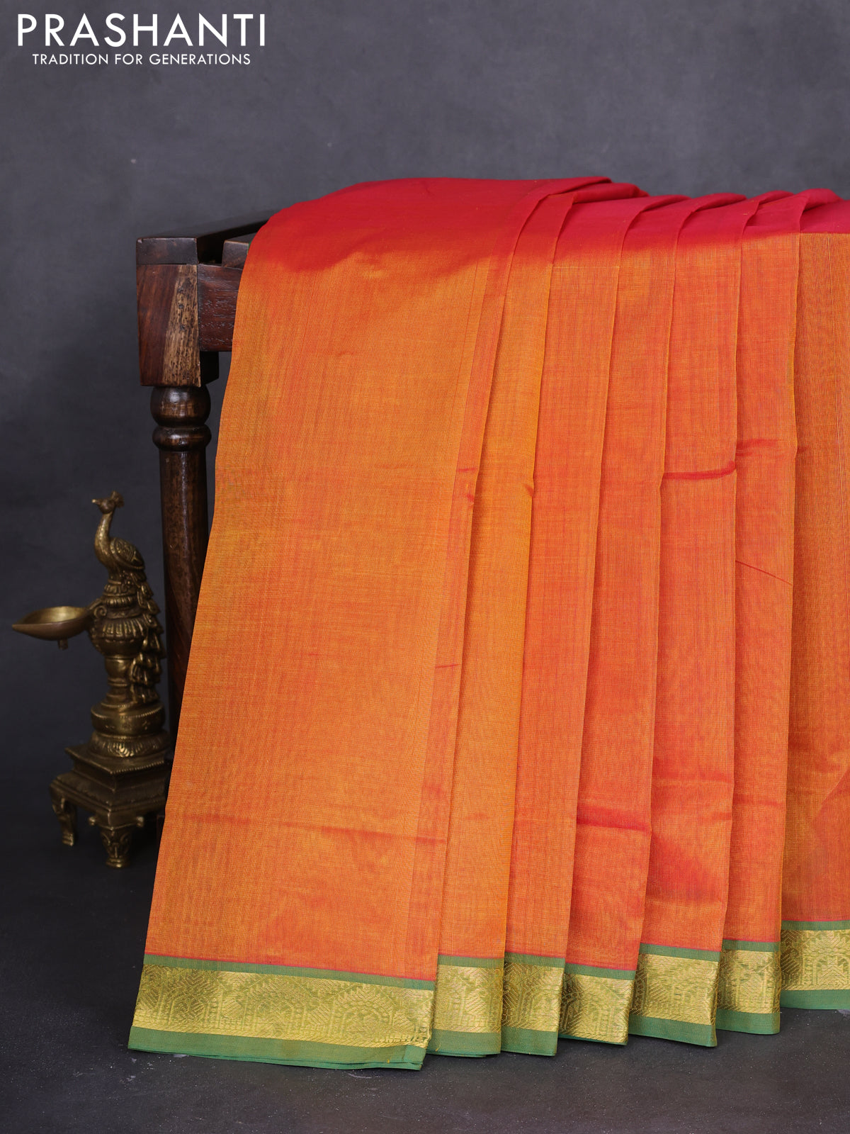 10 yards silk cotton saree sunset orange and green with plain body and zari woven border