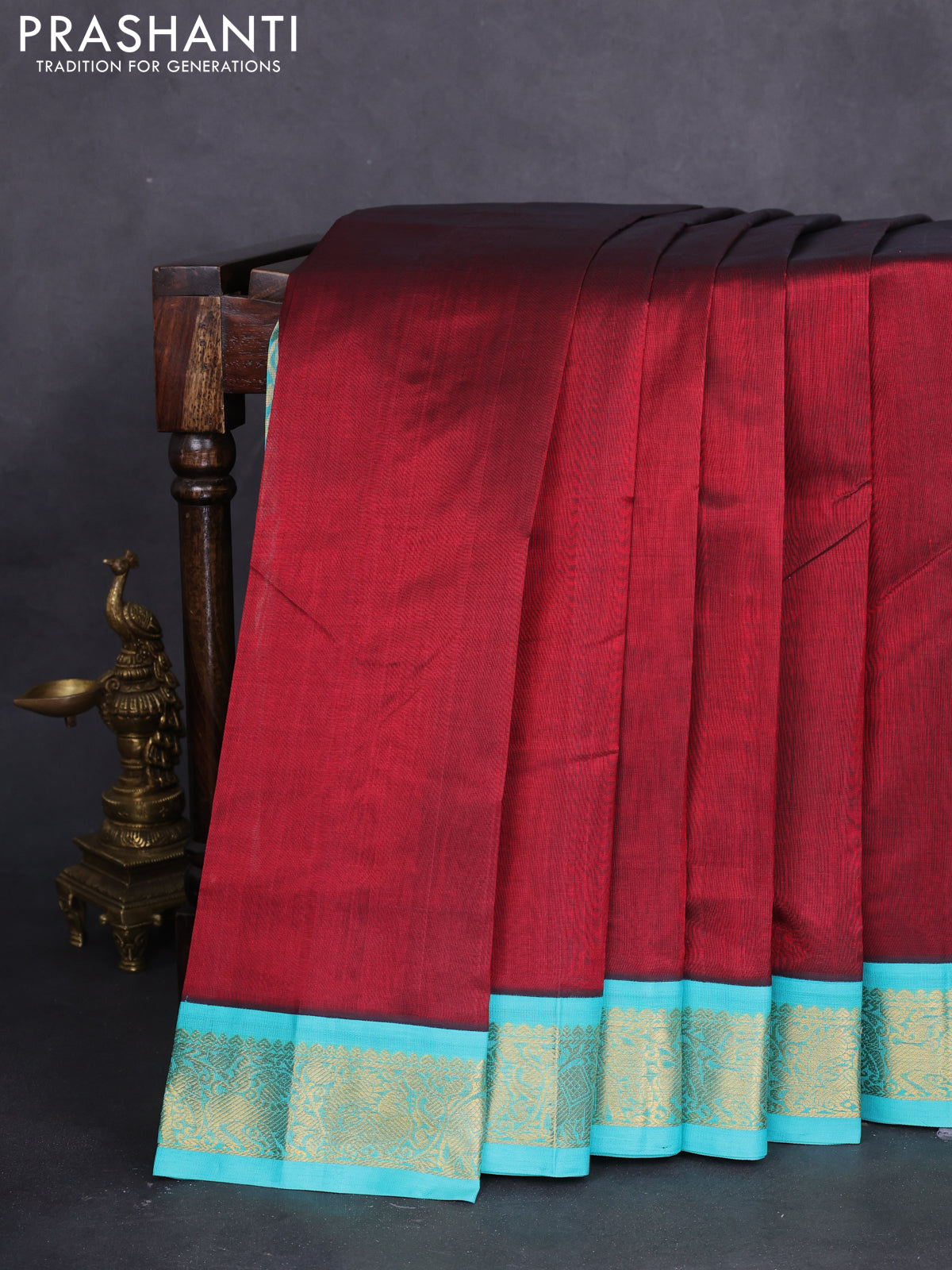 10 yards silk cotton saree maroon and teal blue with plain body and zari woven border