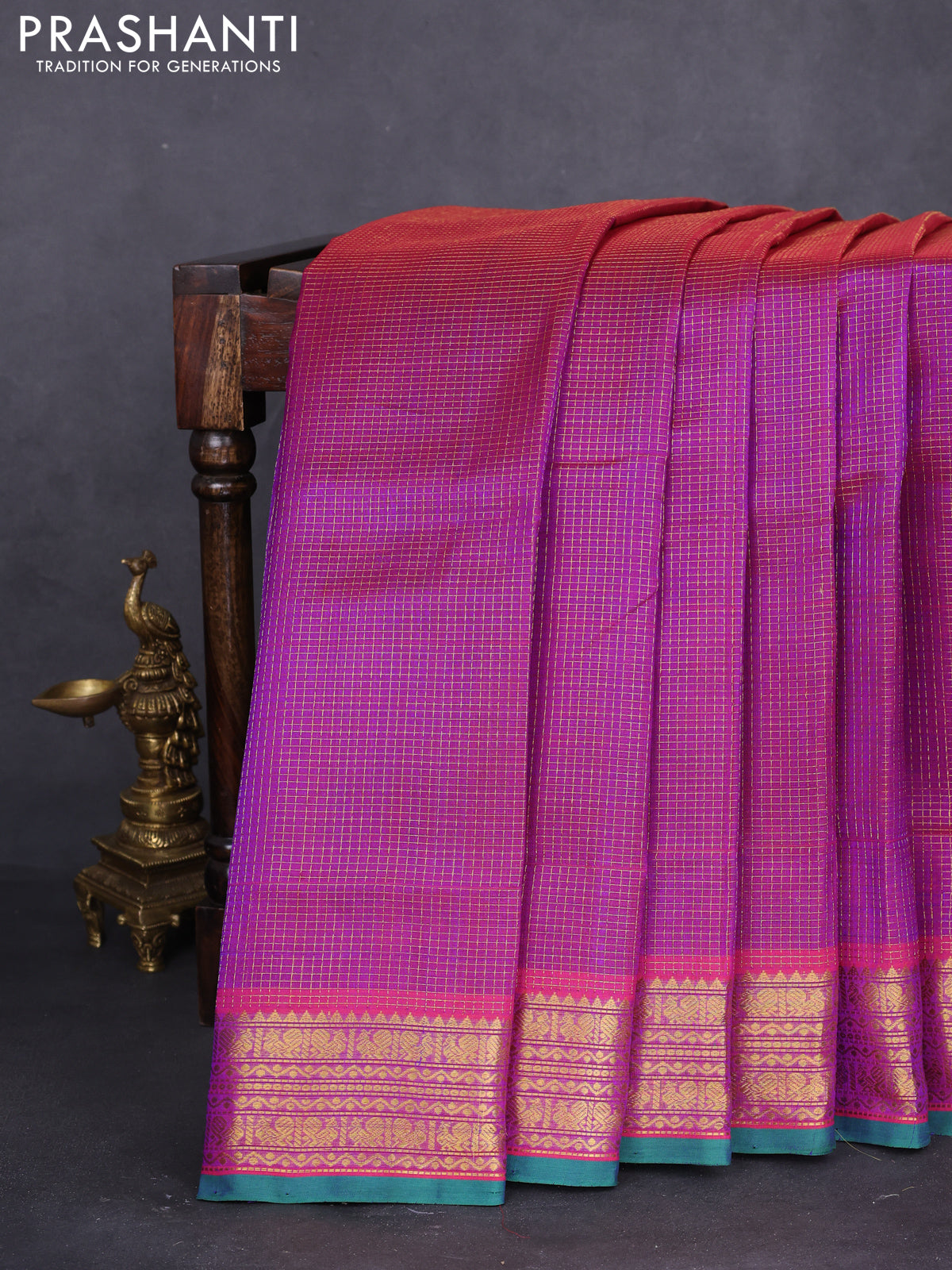 10 yards silk cotton saree dual shade of purple and green with allover small zari checks and zari woven border