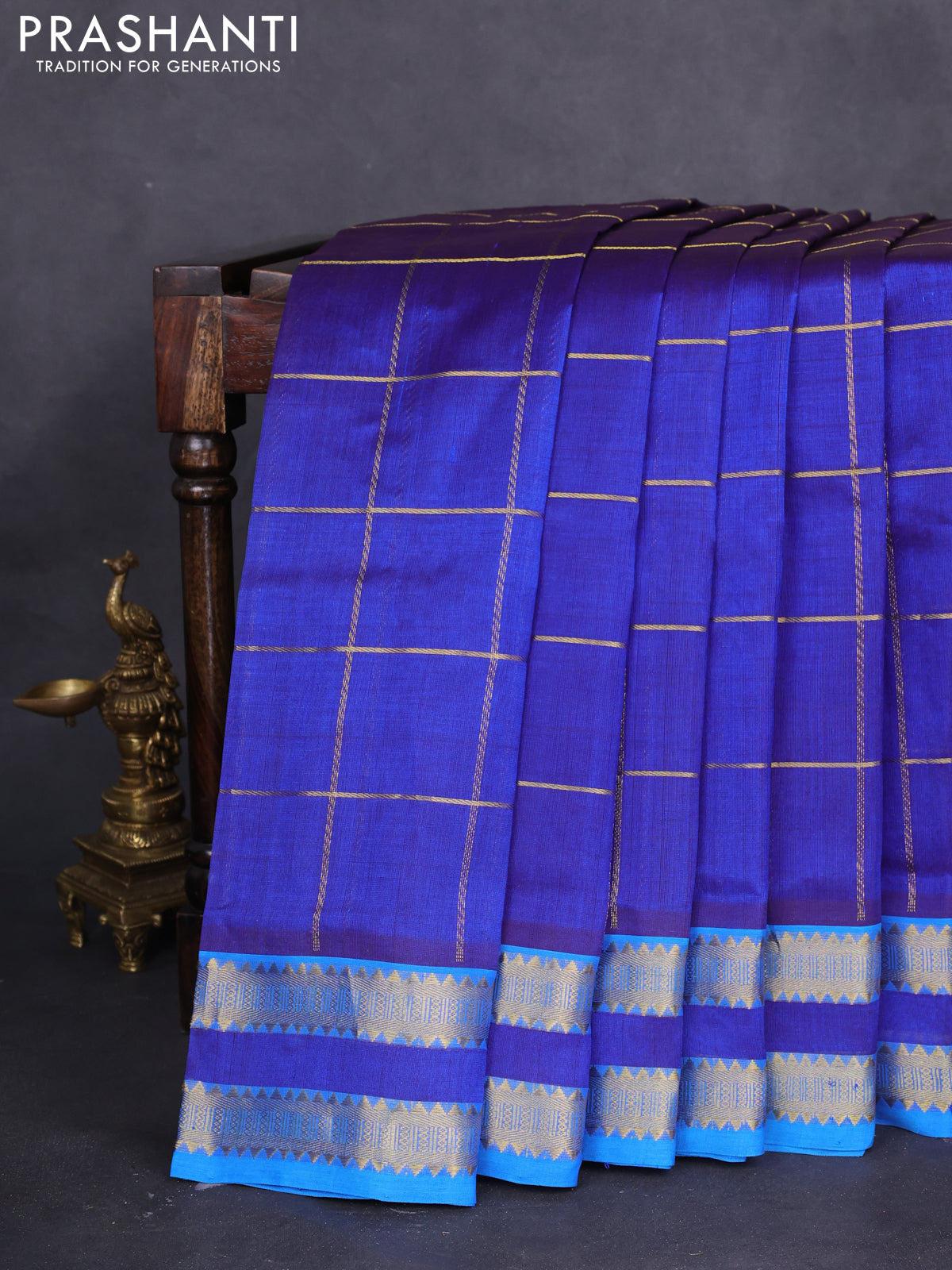 10 yards silk cotton saree dark blue and cs blue with allover zari checked pattern and zari woven border