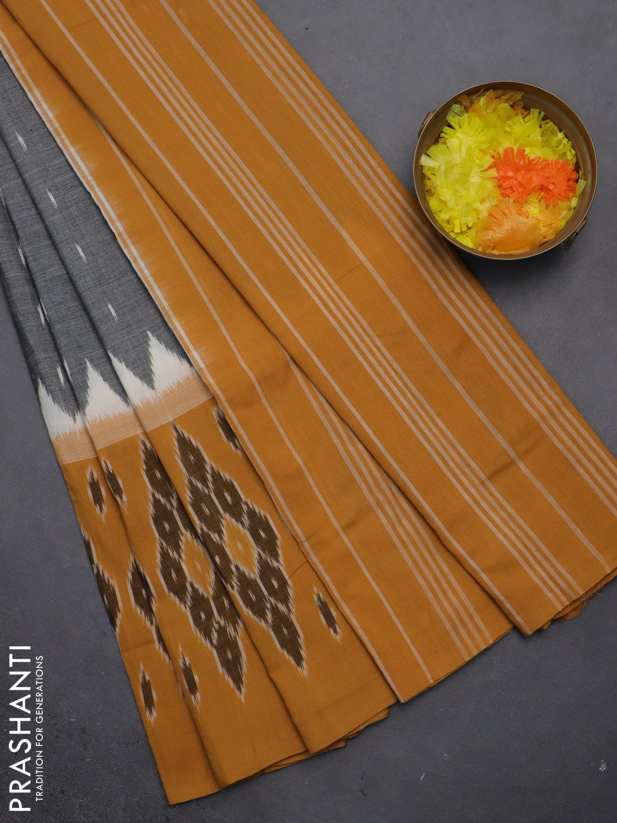 Ikat cotton saree grey and mustard yellow with allover ikat butta weaves and long ikat style border