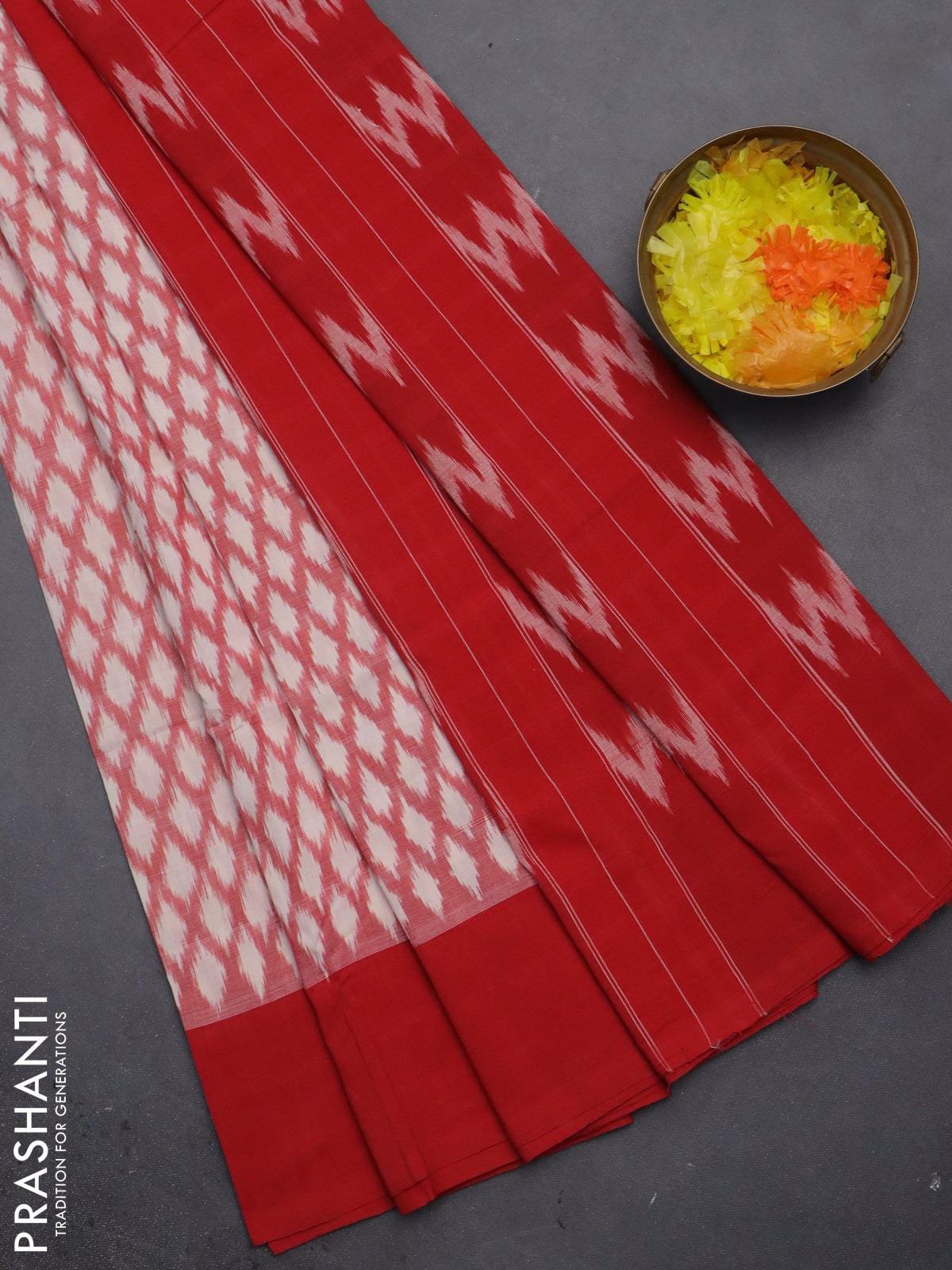 Ikat cotton saree red off white and red with allover ikat butta weaves and simple border