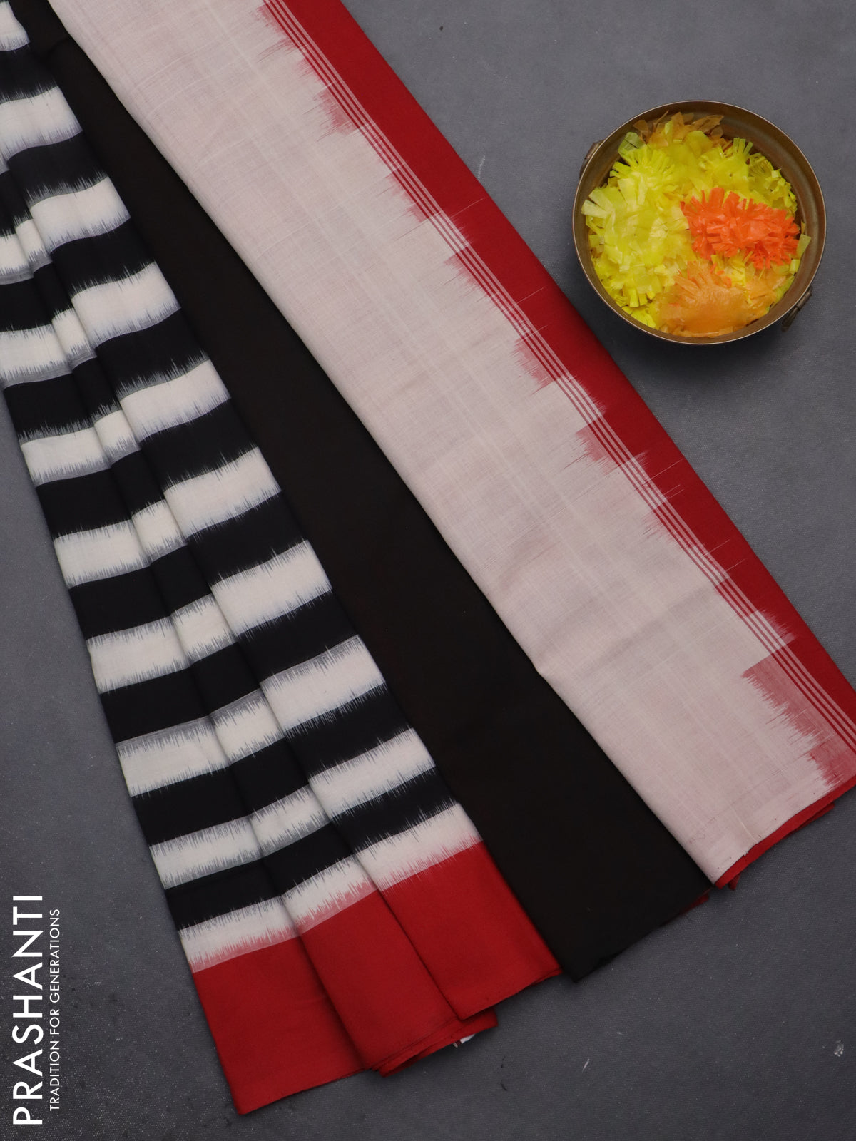 Ikat cotton saree off white black and red with stripes pattern and simple border