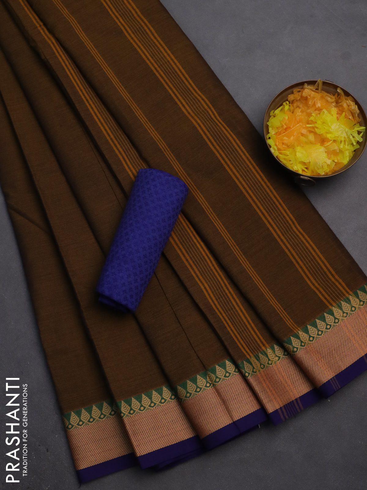 10 Yards chettinad cotton saree dark mustard and blue with plain body and thread woven border