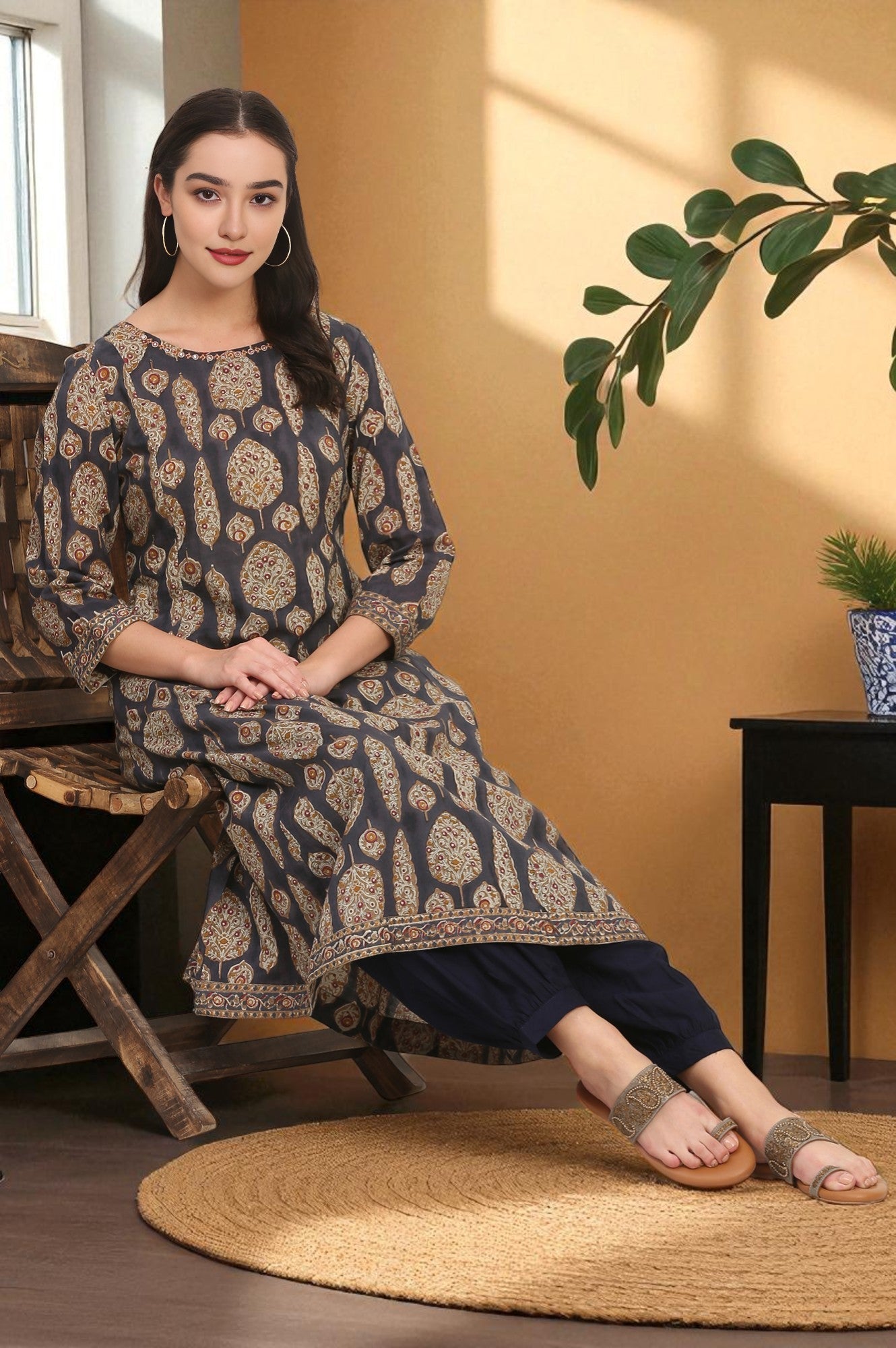 Blue Hand Block Floral Printed Mirror Work Pure Cotton Flared Kurta