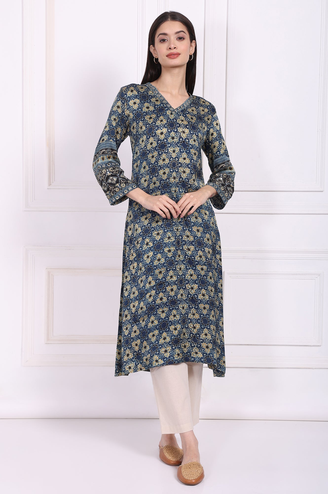 Blue Floral Printed Thread Embroidered Modal Satin Straight Kurta