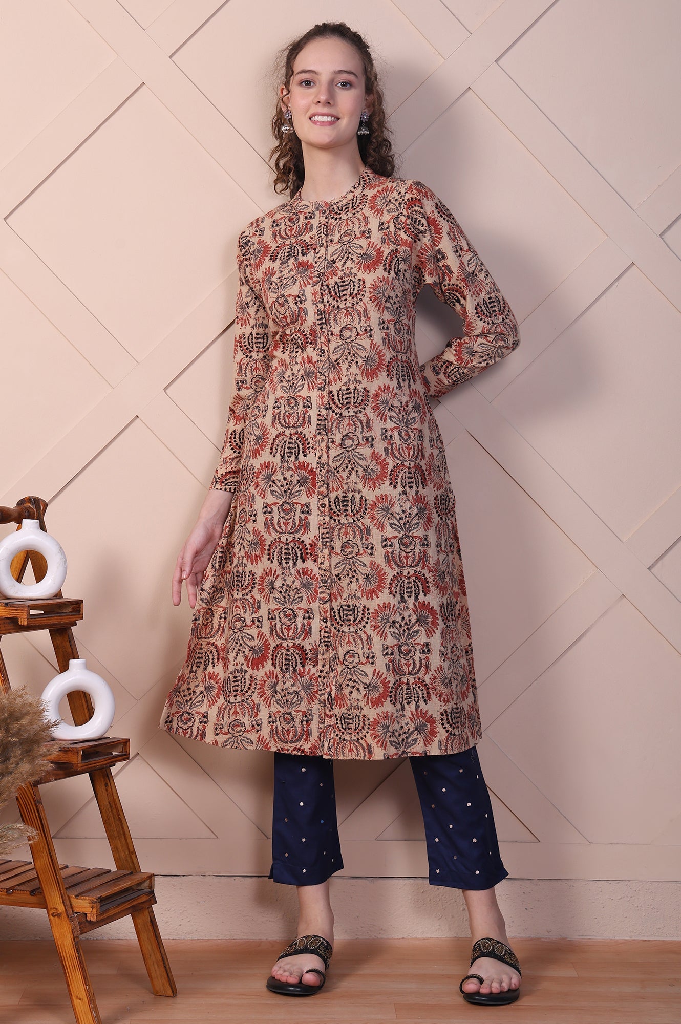 Beige Kalamkari Printed Pure Cotton Straight Kurta