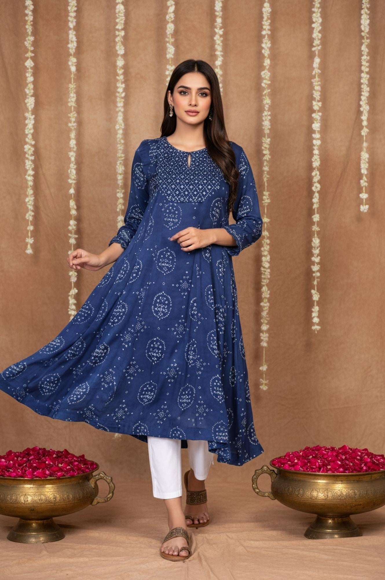 Blue Bandhani Mirror Work Flared Modal Satin Kurta