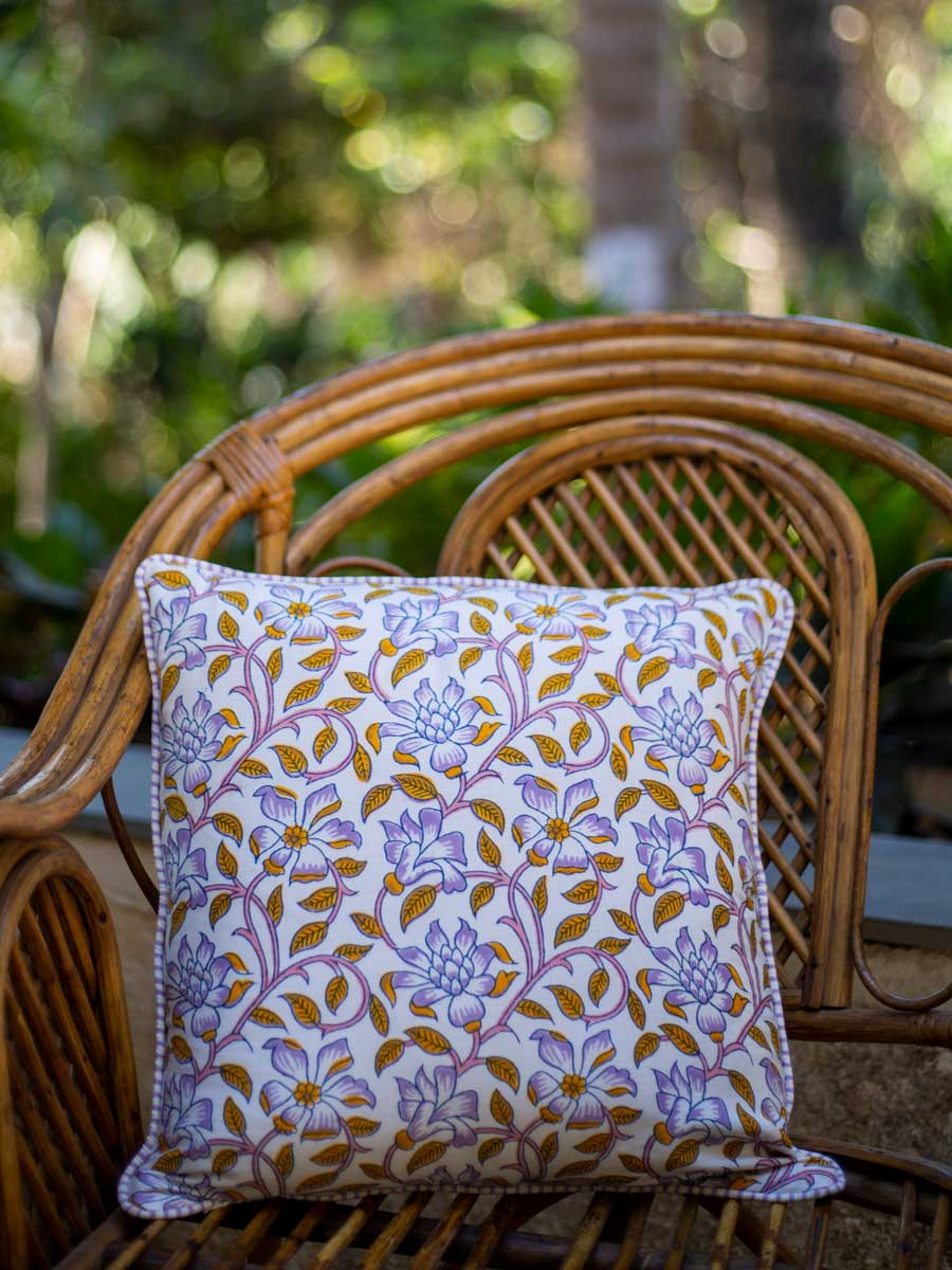 Fields of Sunflower Block Printed Cotton Cushion Cover - 16 Inch