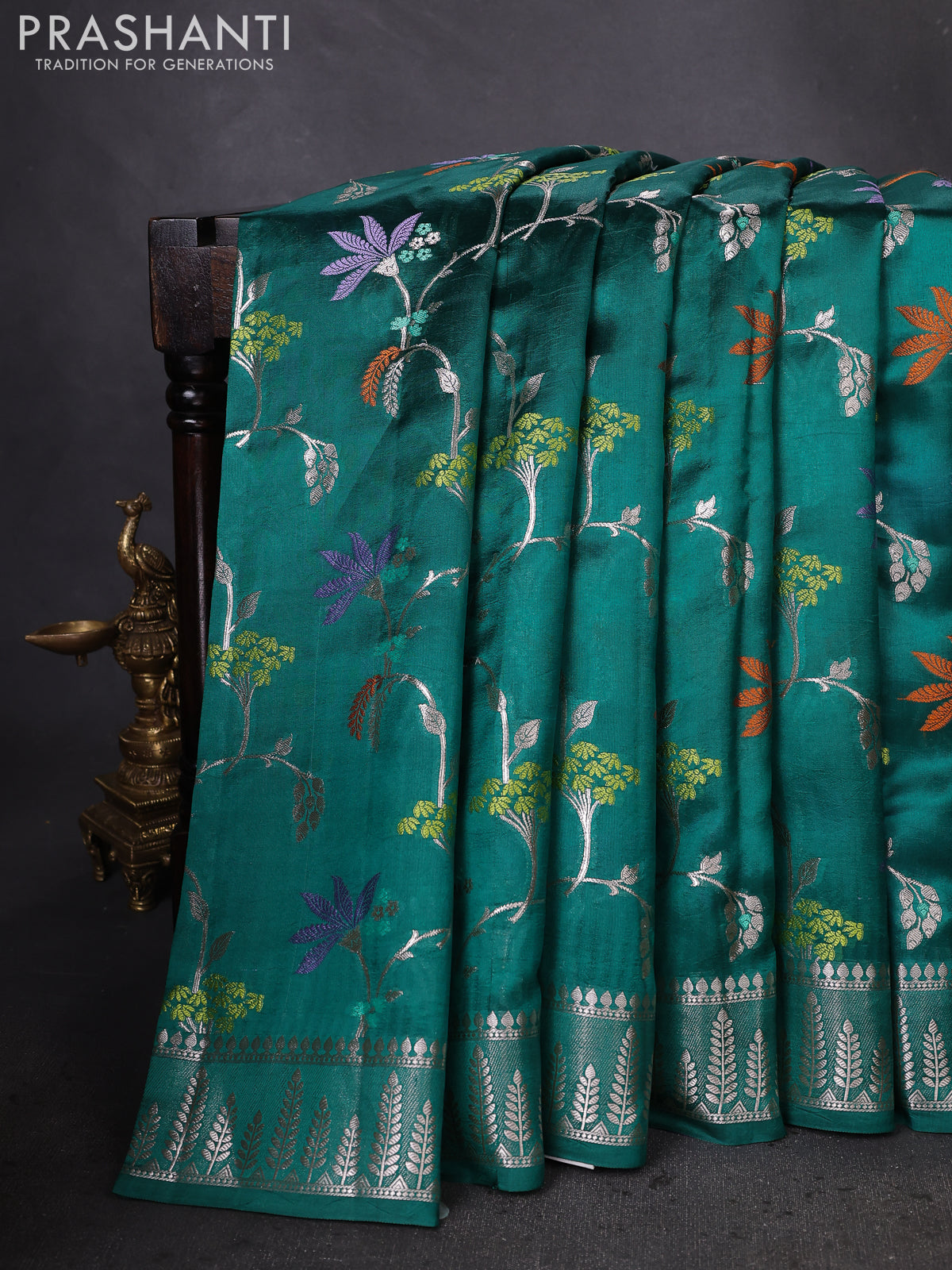 Banarasi poona silk saree teal green and violet with allover thread & silver zari weaves and silver zari woven border