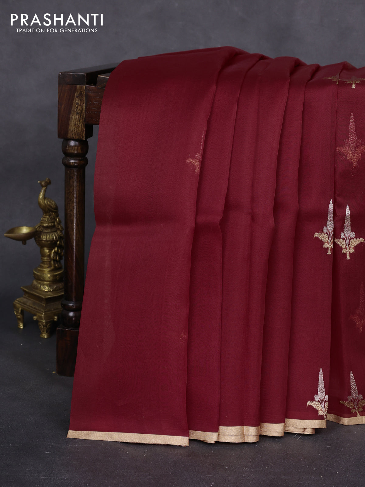 Banarasi organza silk saree maroon with zari woven buttas and zari woven piping border