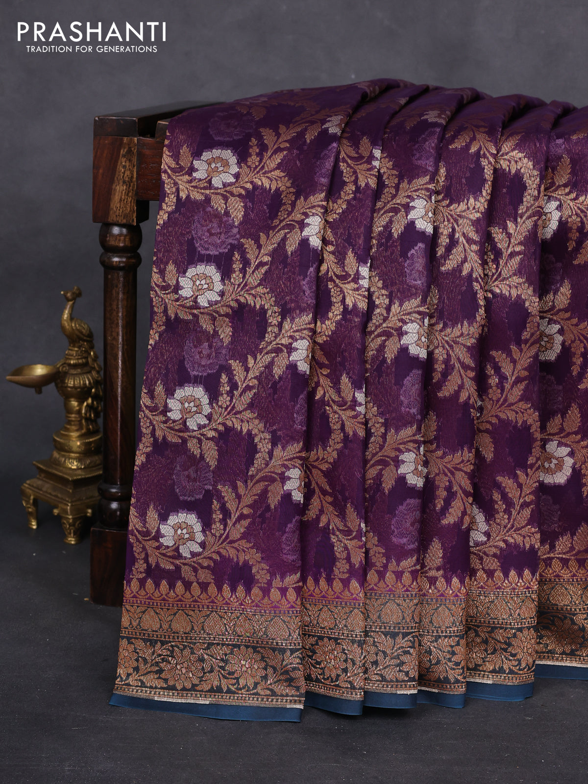 Banarasi organza silk saree violet and peacock green with allover thread weaves and woven border