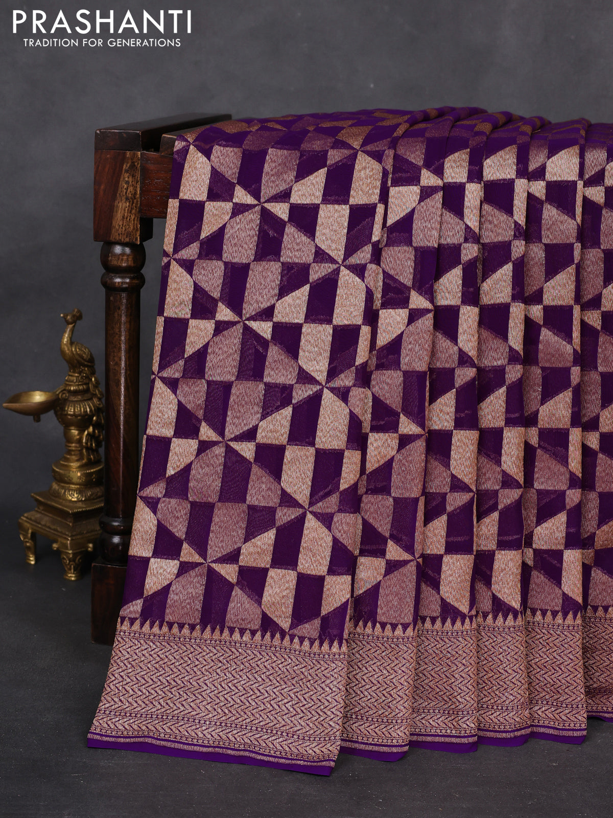Banarasi georgette saree violet with allover geometric weaves and woven border