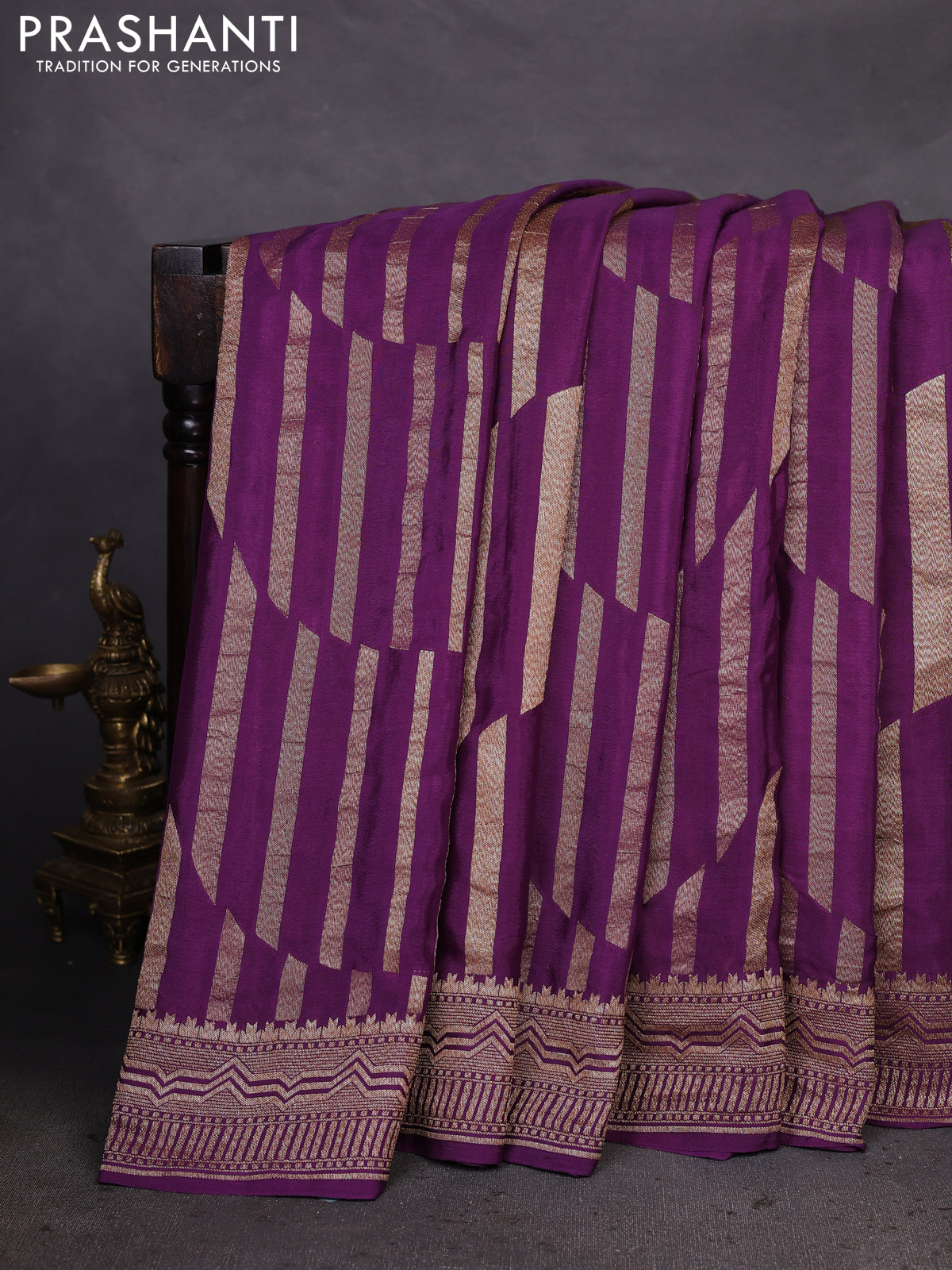 Banarasi crepe saree deep purple with allover geometric weaves and woven border
