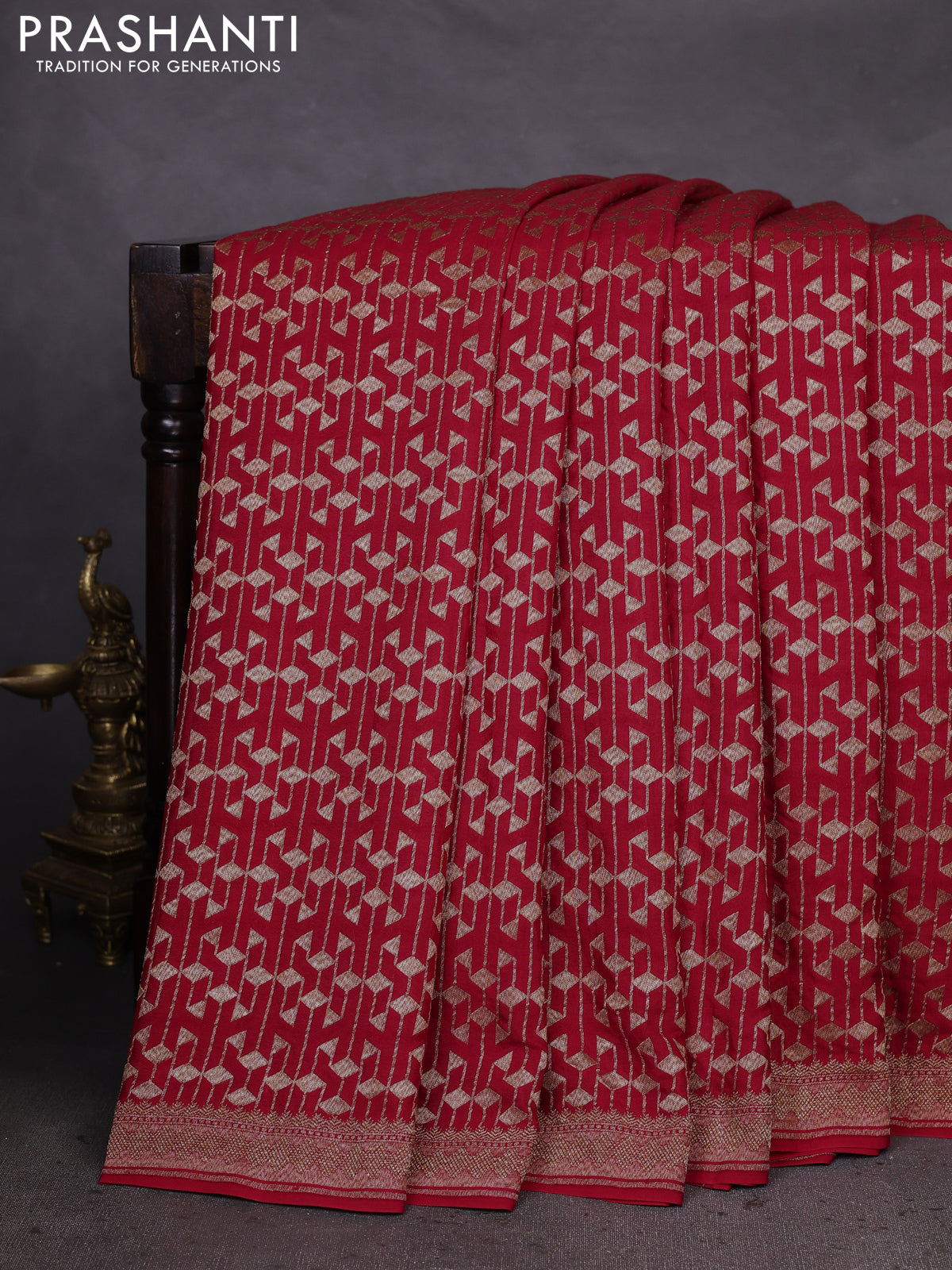 Banarasi crepe saree red with allover geometric weaves and woven border
