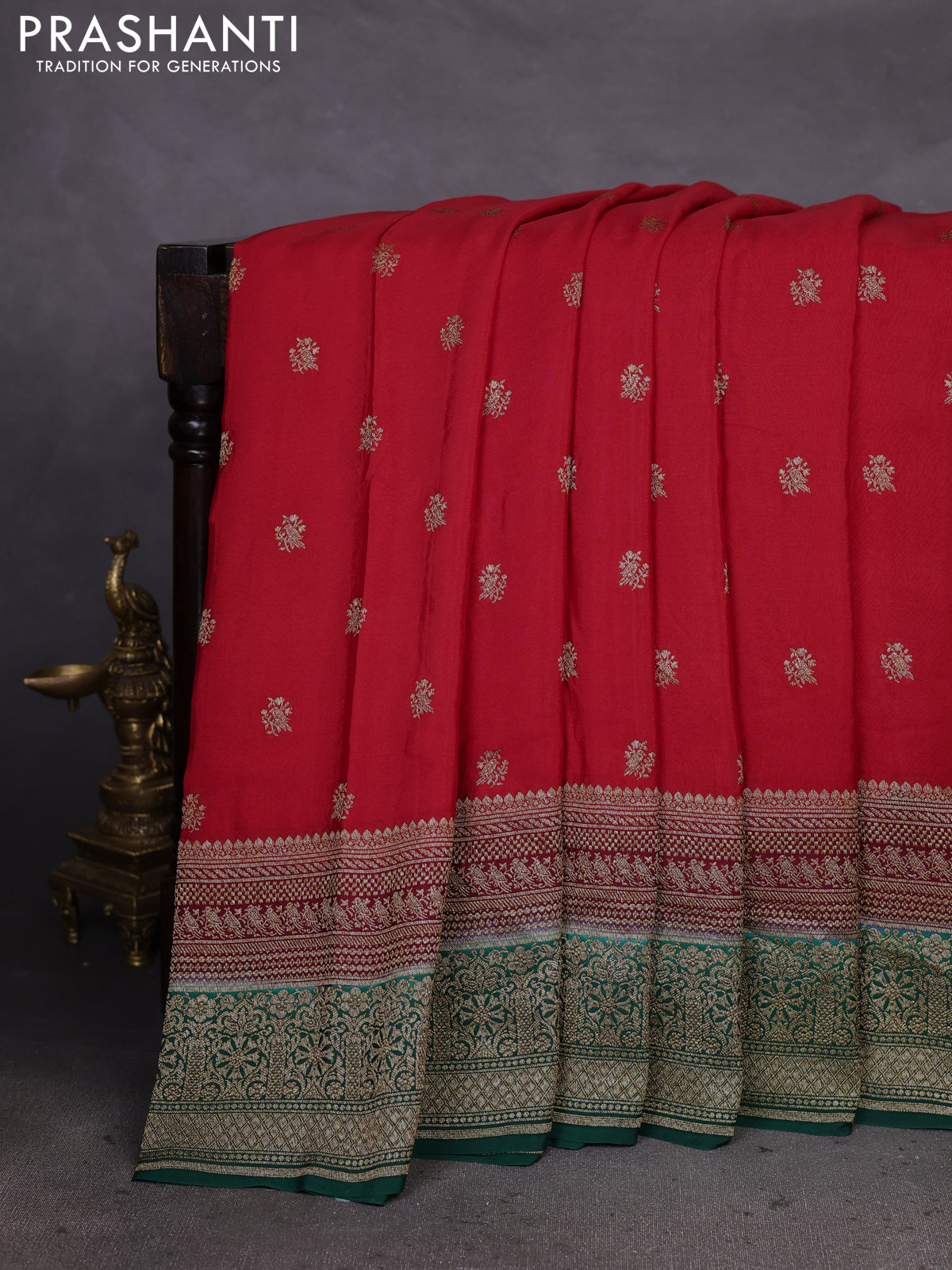 Banarasi crepe saree red and deep maroon green with woven buttas and long woven border