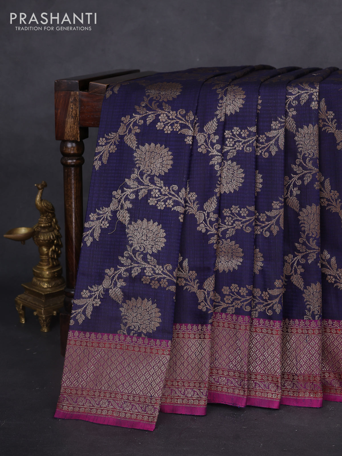 Banarasi dupion silk saree navy blue and purple with allover thread & zari floral weaves and woven border
