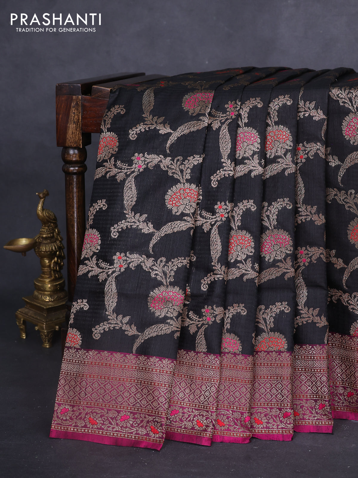 Banarasi dupion silk saree black and purple with allover thread & zari floral weaves and woven border