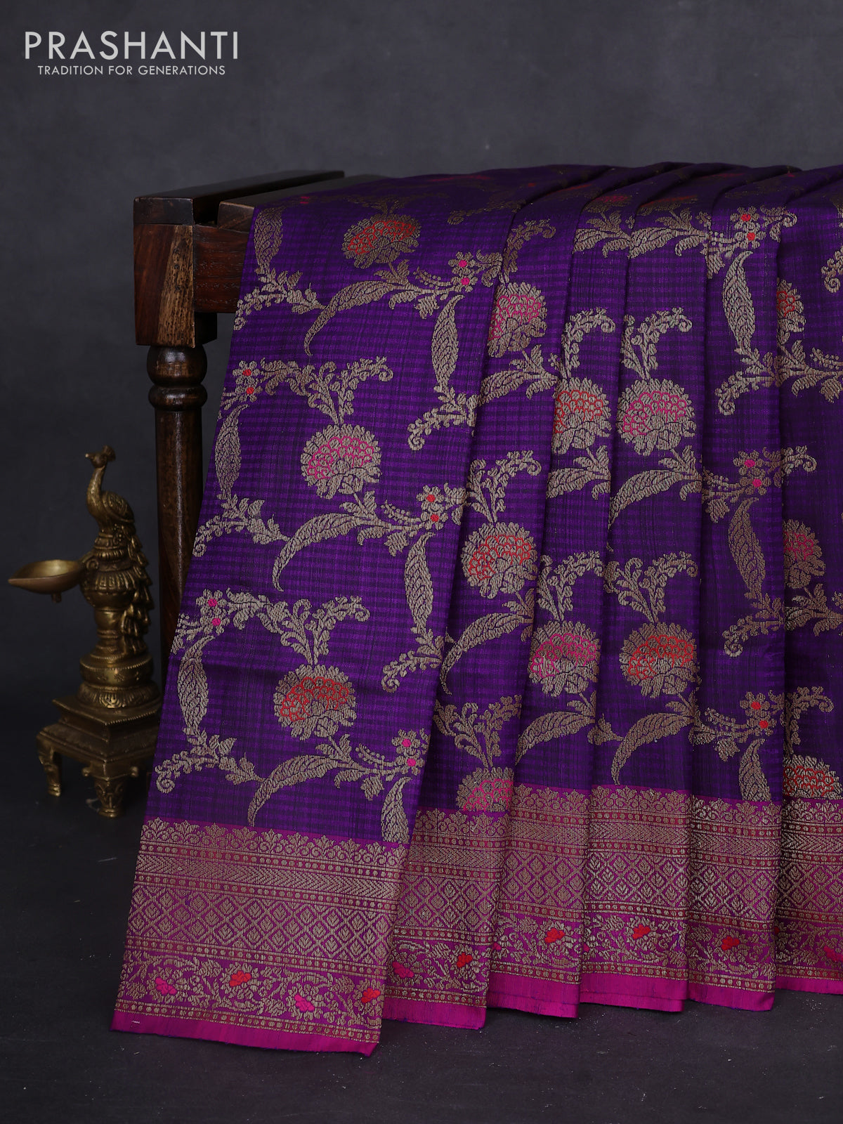 Banarasi dupion silk saree violet and purple with allover thread & zari floral weaves and woven border