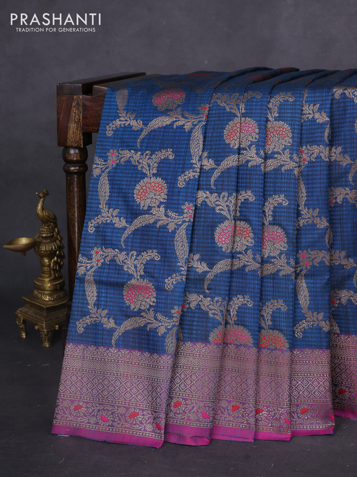 Banarasi dupion silk saree peacock blue and purple with allover thread & zari floral weaves and woven border