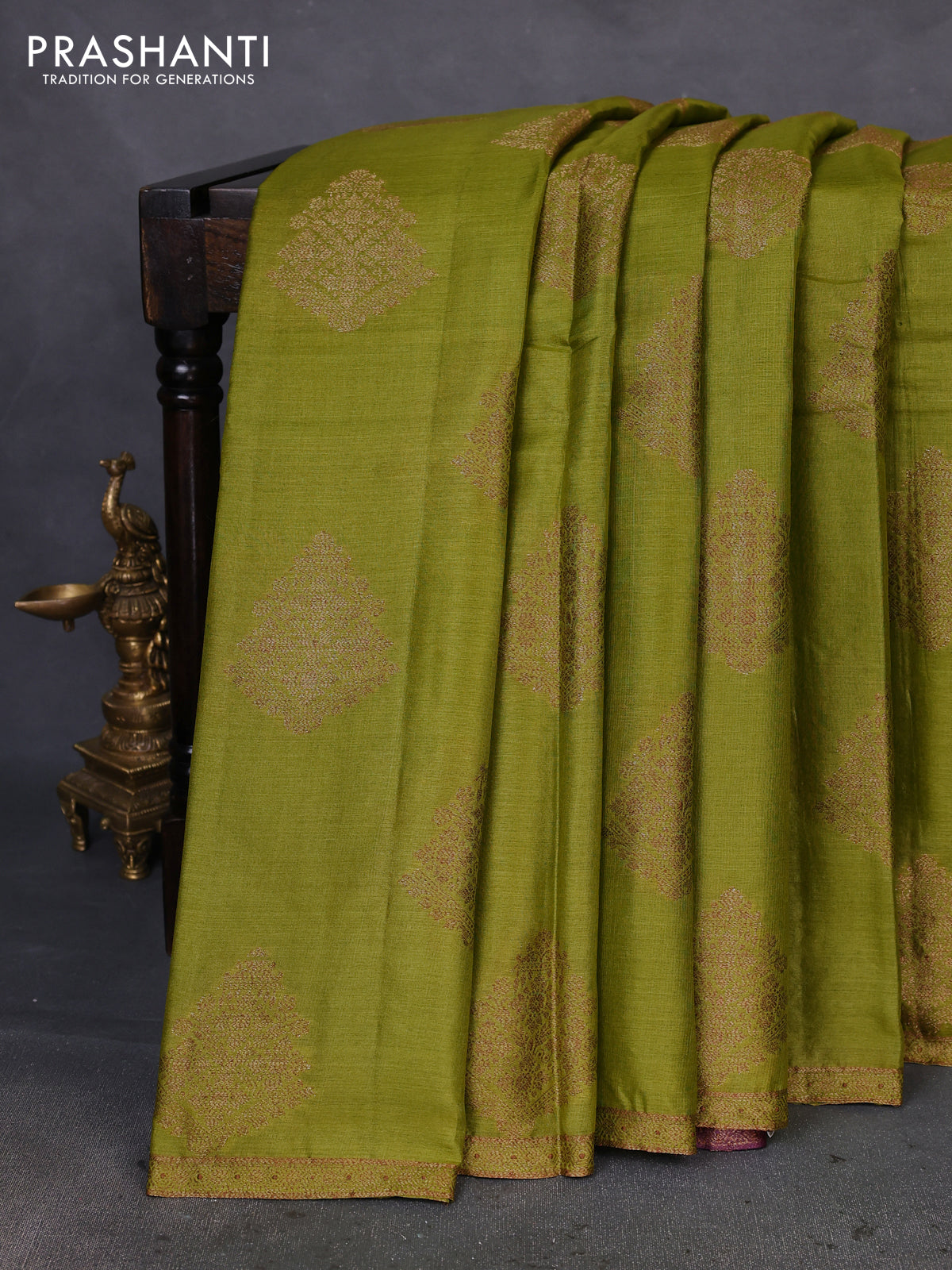 Banarasi tussar silk saree light green and wine shade with thread & zari woven buttas and woven border