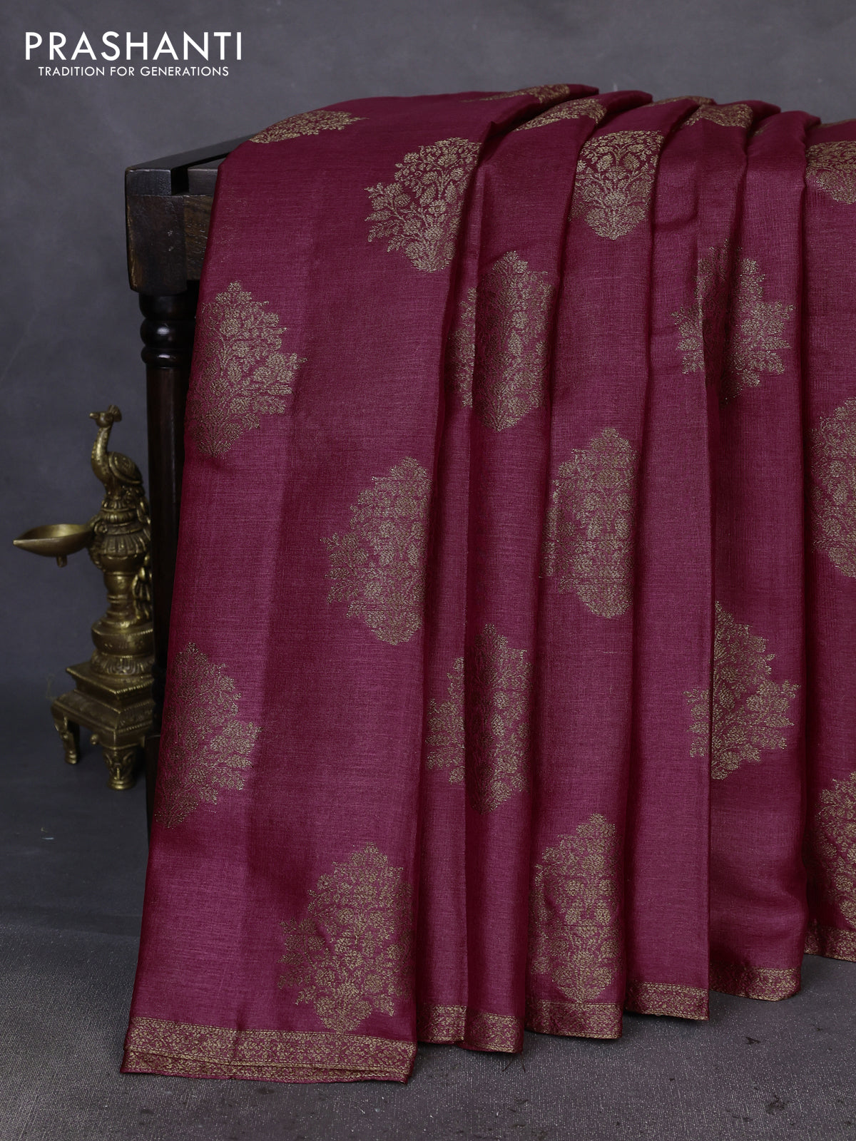 Banarasi tussar silk saree magenta pink and green with thread & zari woven buttas and woven border