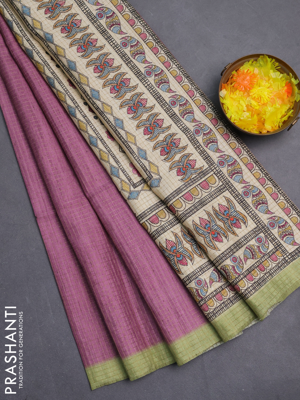 Chappa saree purple and pista green with allover zari checked pattern and madhubani printed pallu