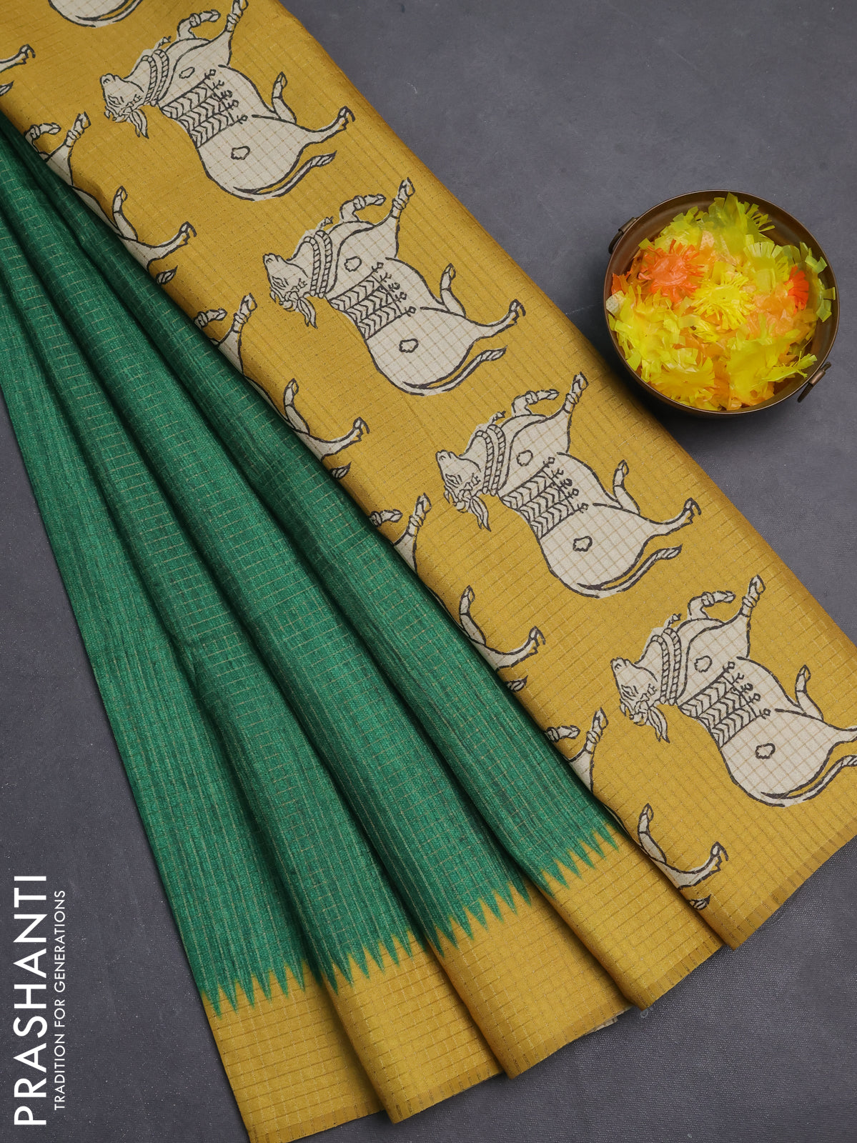 Chappa saree green and yellow with allover zari checked pattern and printed pallu