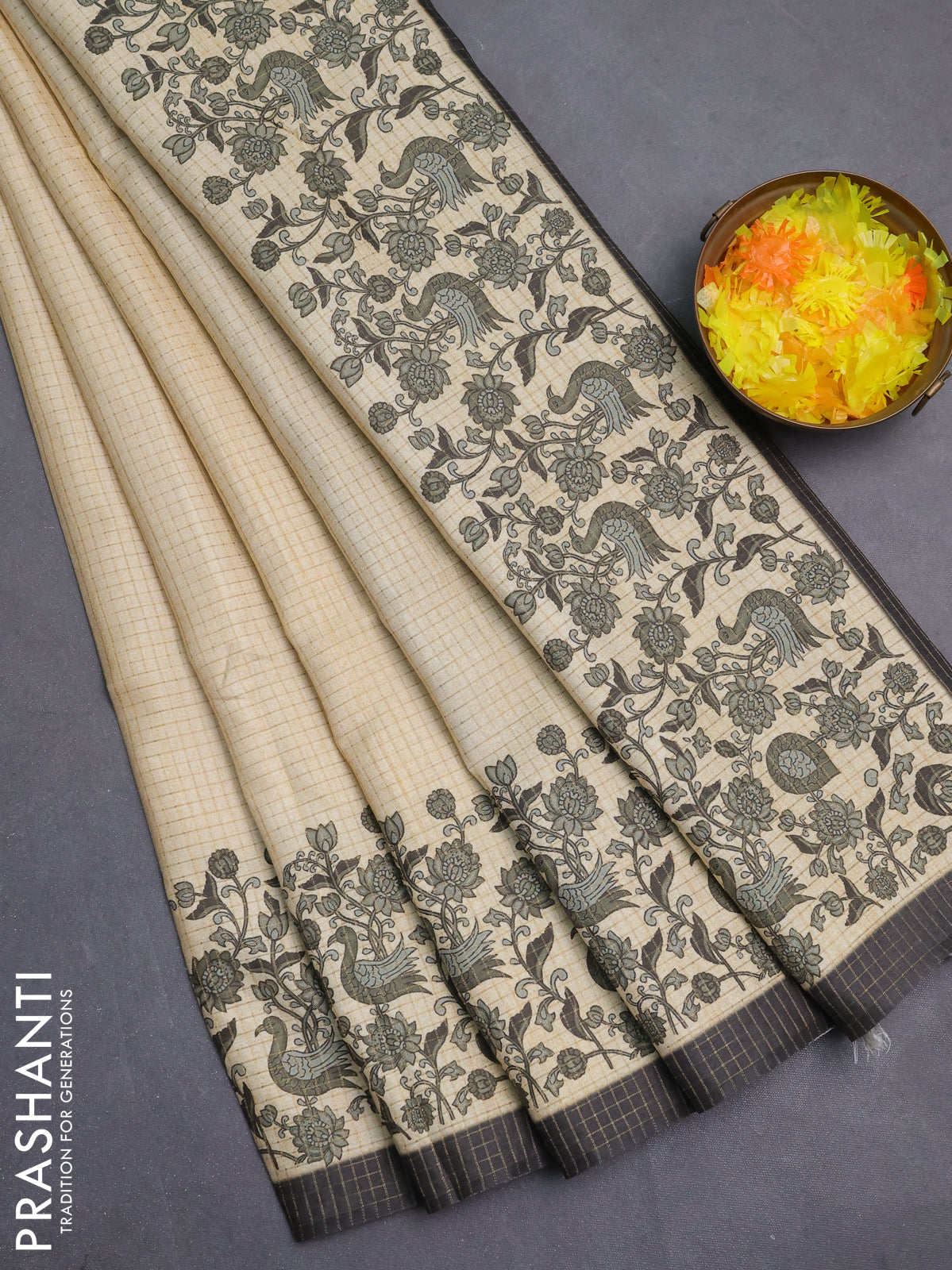 Chappa saree cream and dark grey with allover zari checked pattern and printed pallu