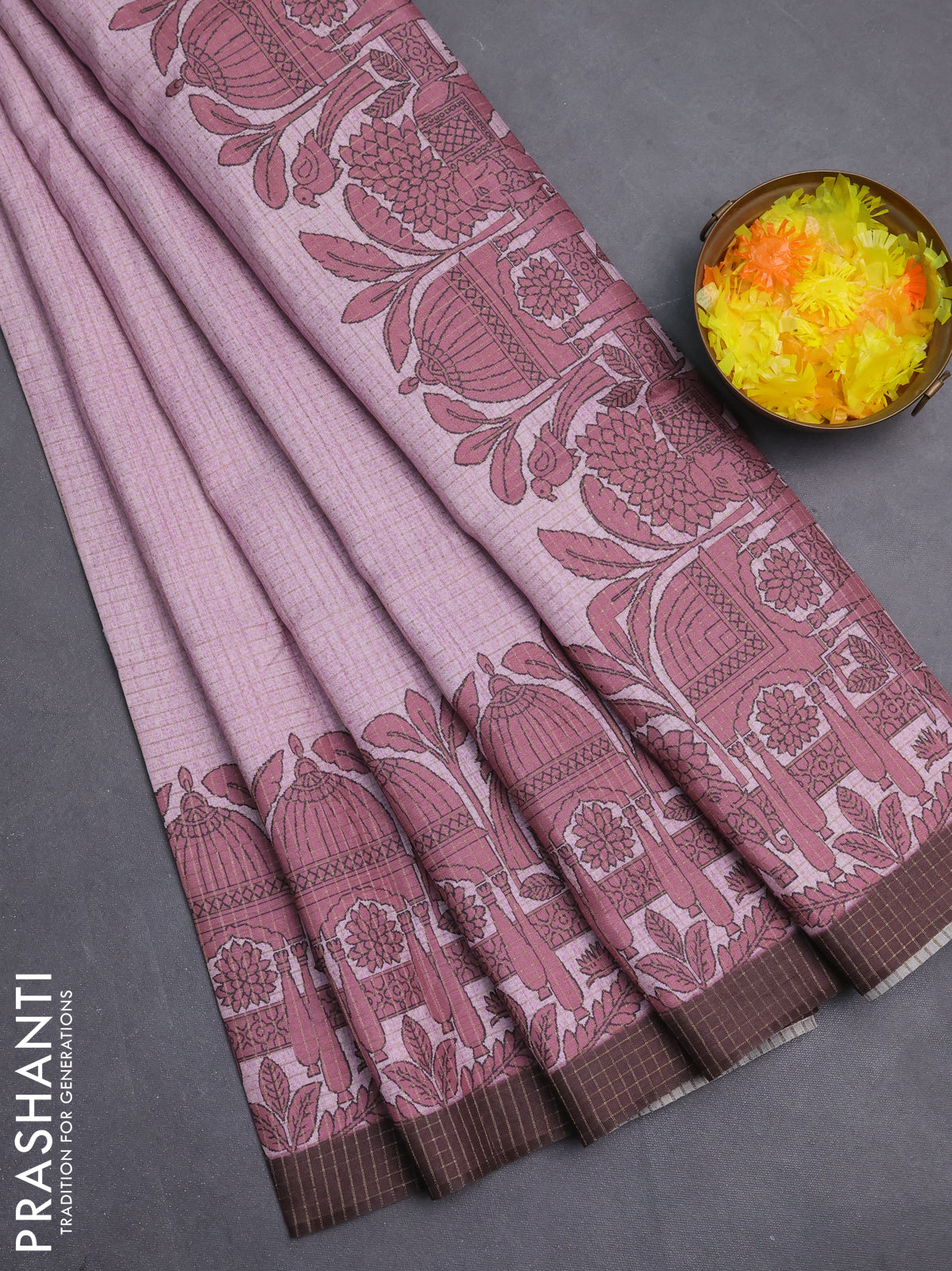 Chappa saree pastel pink and coffee brown with allover zari checked pattern and printed pallu