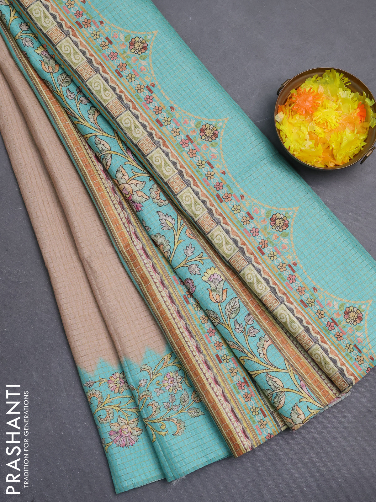 Chappa saree sandal and teal blue with allover zari checked pattern and printed pallu