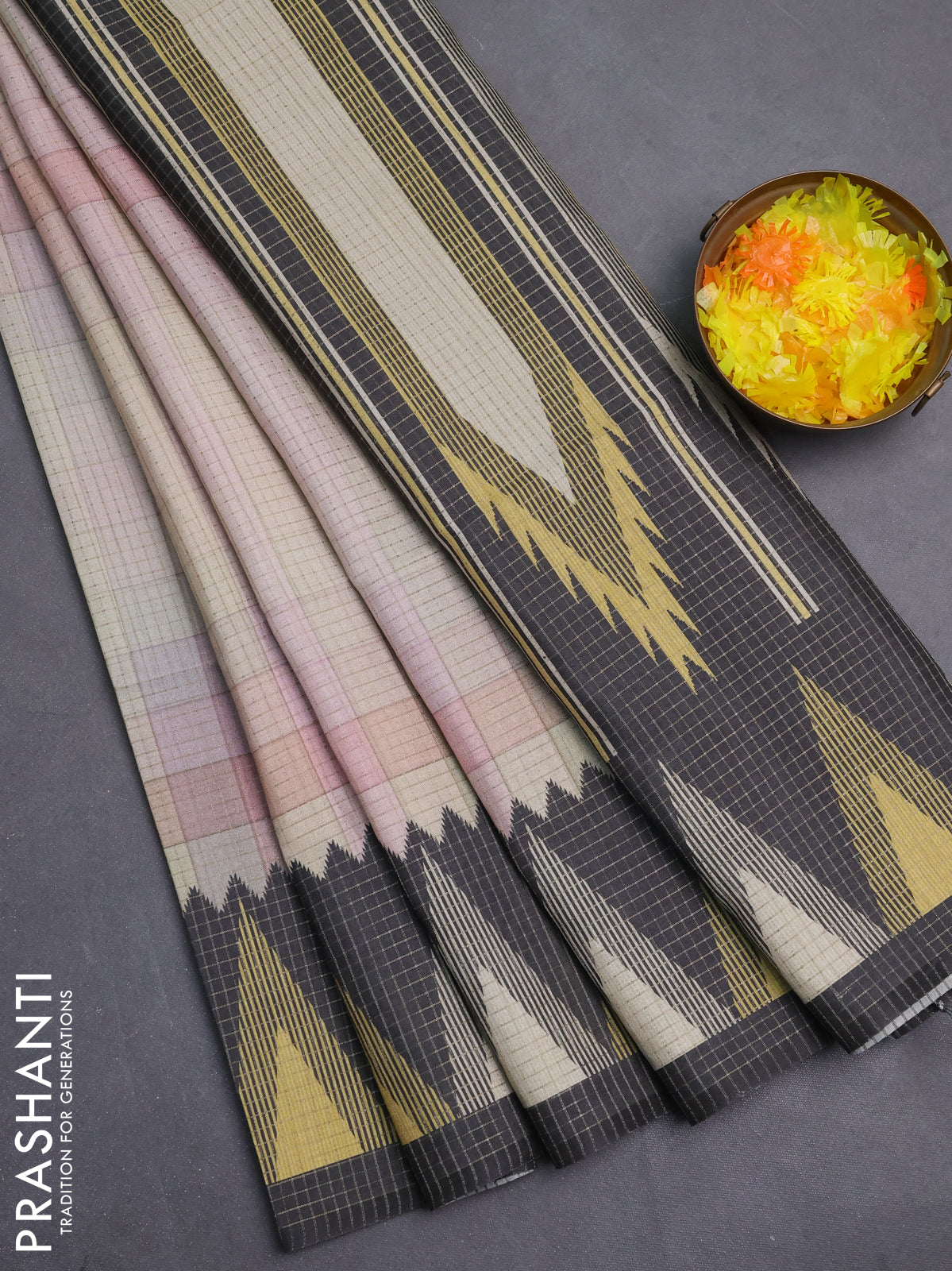 Chappa saree pastel peach pink and grey with allover zari checked pattern and temple design border