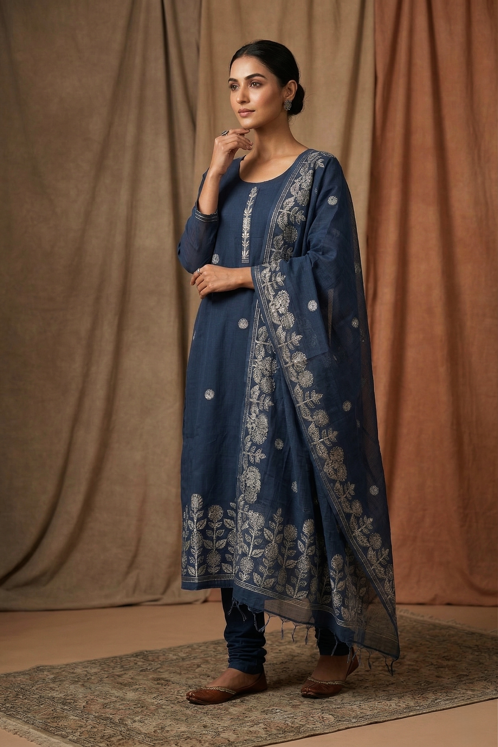 Dark Teal Blue Floral Satin Silk Kurta Set