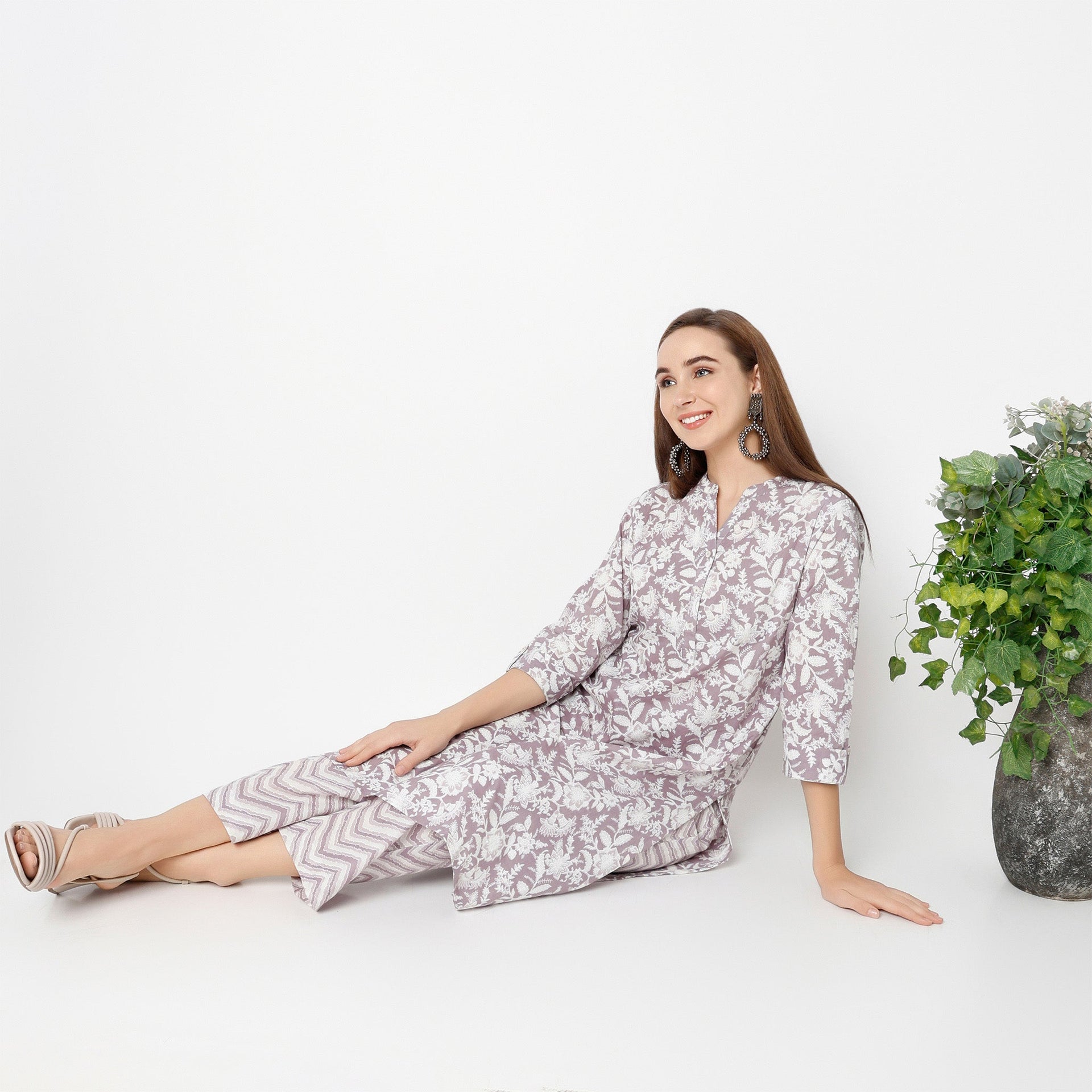 Band Collar Knee Length Three-Fourth Sleeve Half Placket Kurta