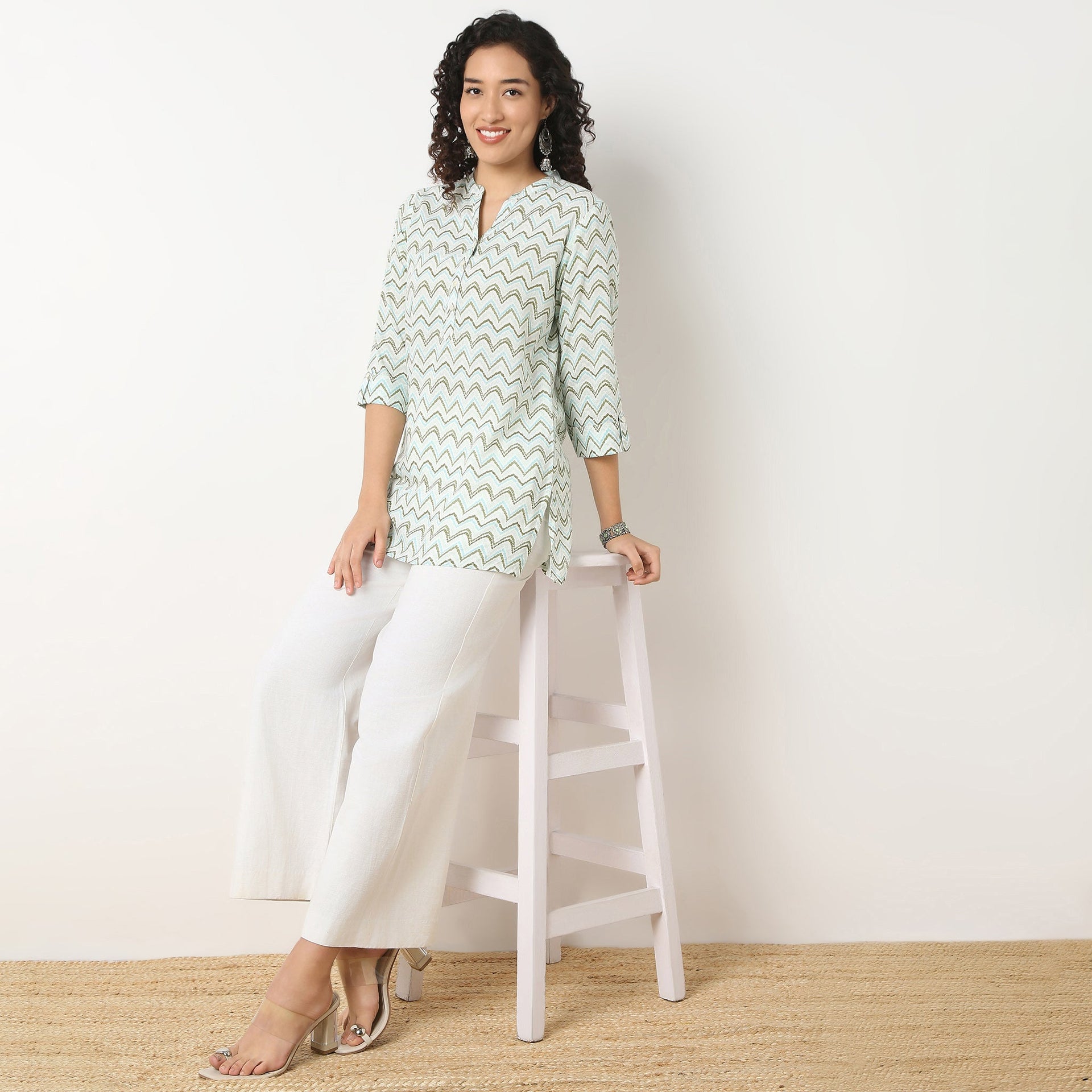 Band Neck Printed Short Kurti