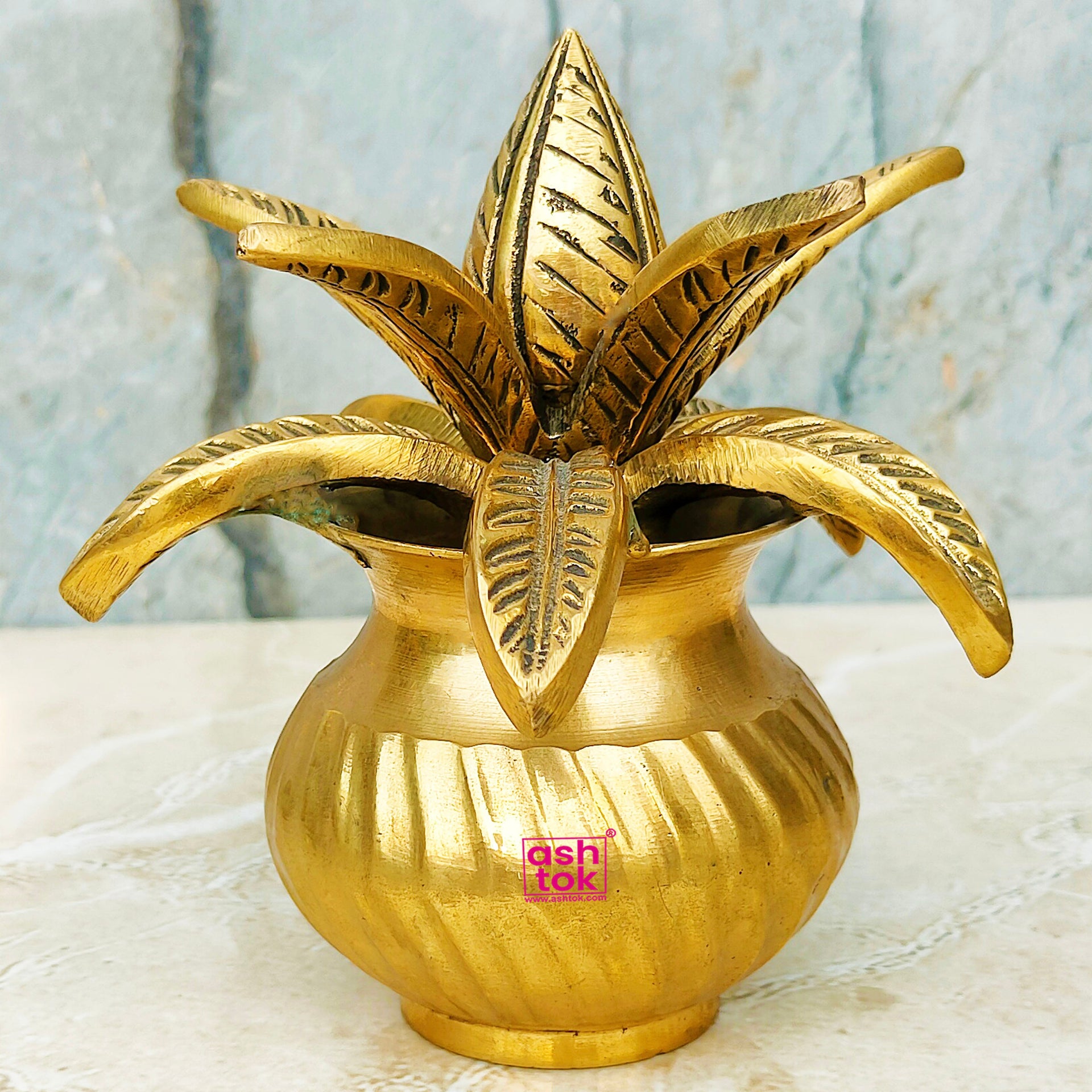 Antic Brass Coconut Design Kalash with Leafs, Kalash for Puja, Brass Puja Decorative Item