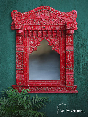 Wooden Jharokha Mirror - Red