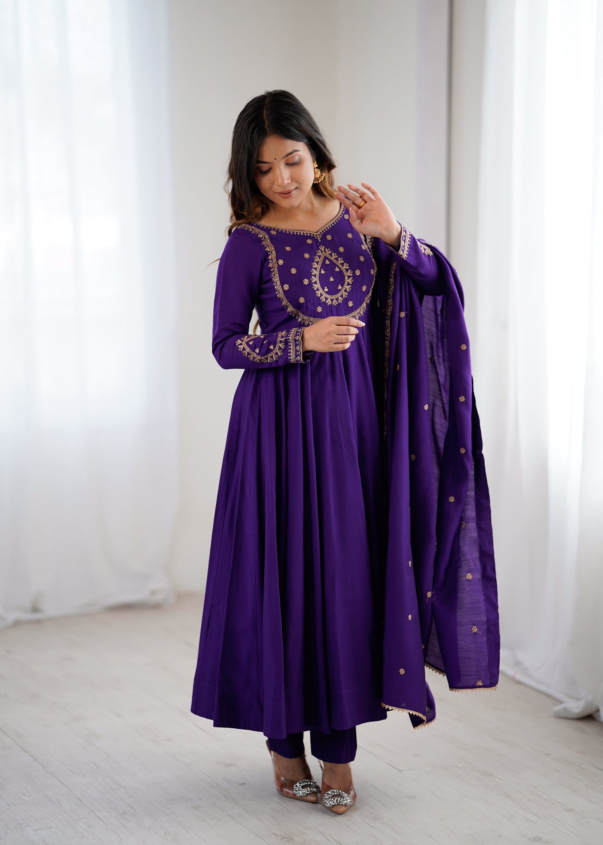 Classic Purple Embroidered Chanderi Anarkali Set