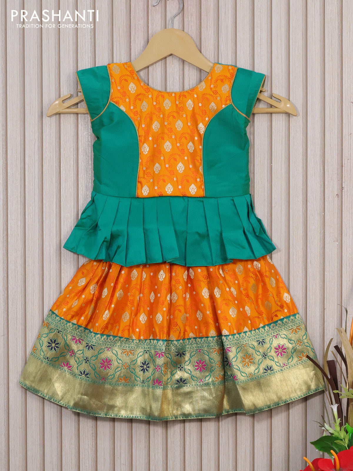 Banarasi kids lehenga teal green and mango yellow with patch work neck pattern and thread and zari weaves & zari border for 1 year